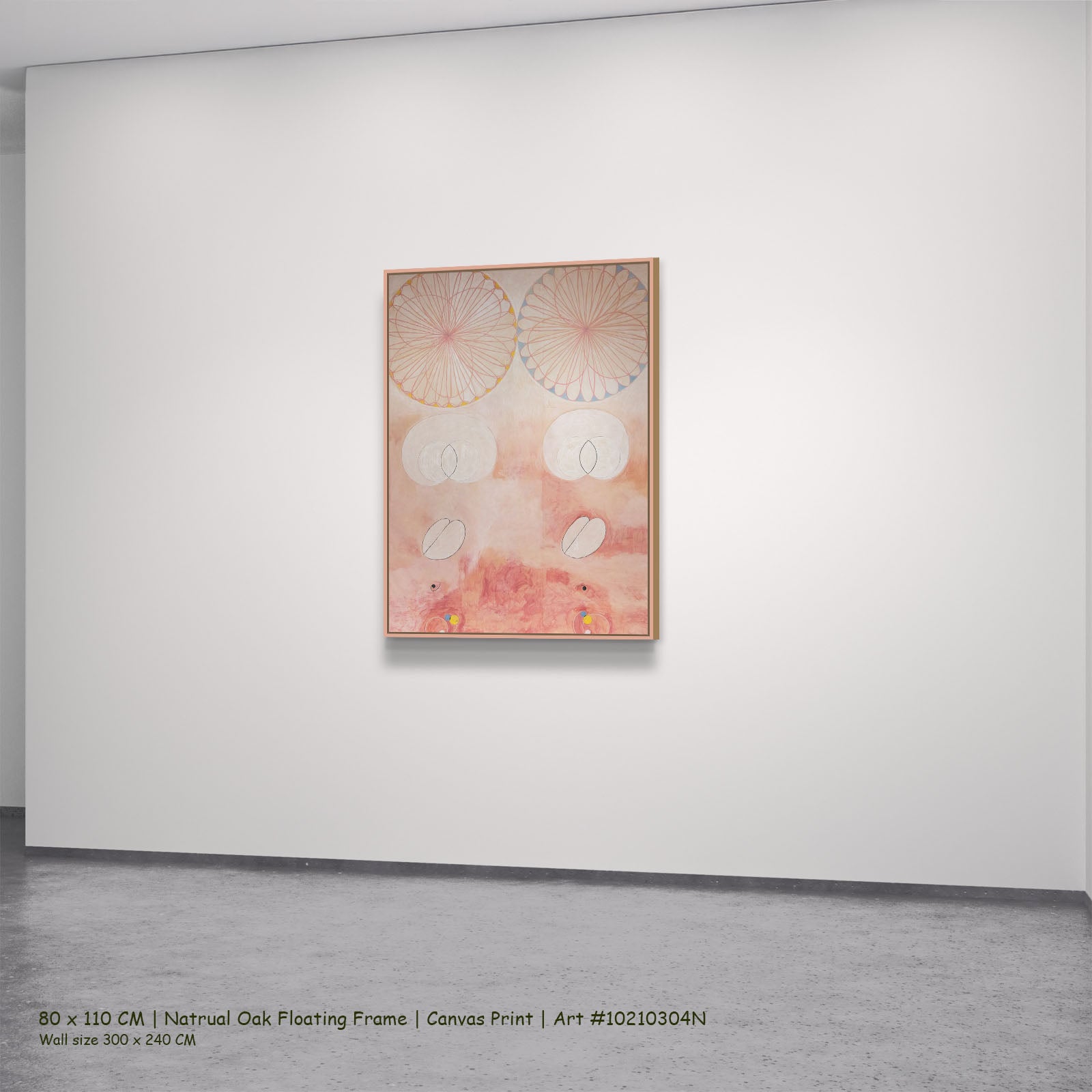 The Ten Largest, No. 9, Old by Hilma af Klint in a natural oak floating frame, large pink and white Abstract canvas