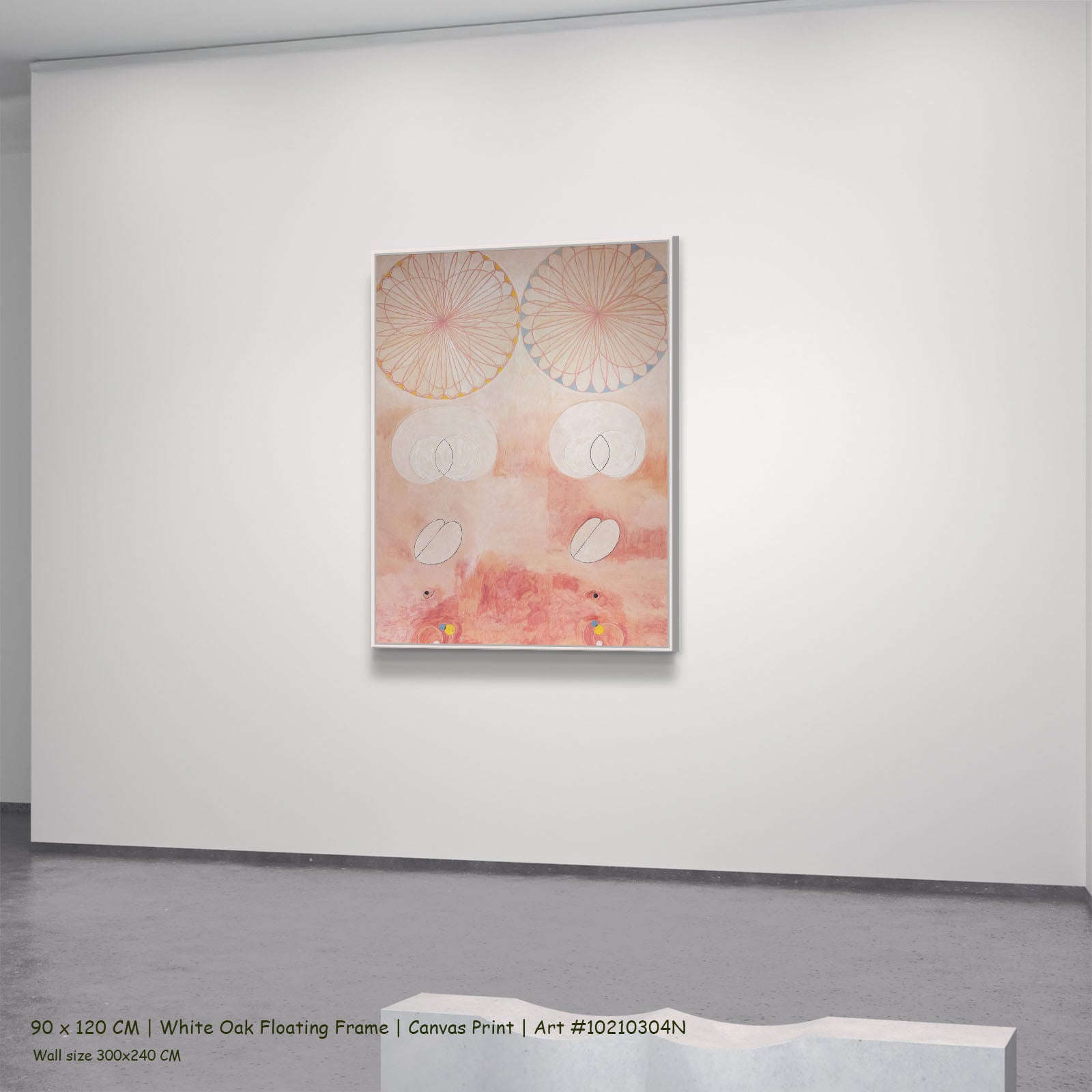 The Ten Largest, No. 9, Old by Hilma af Klint in a white oak floating frame, large pink and white Abstract canvas