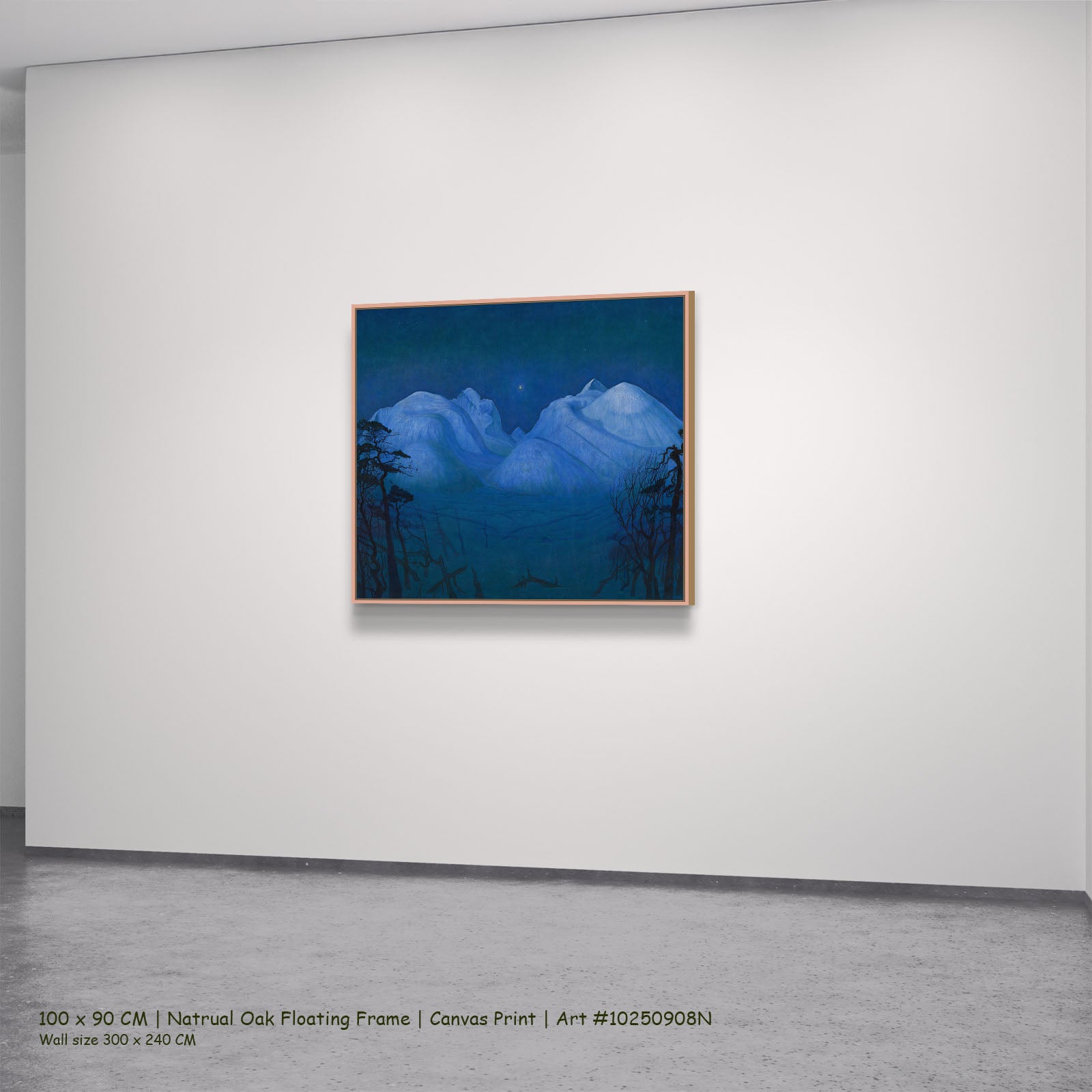 Winter Night in the Mountains by Harald Sohlberg in a natural oak floating frame, large blue and light blue Landscape canvas