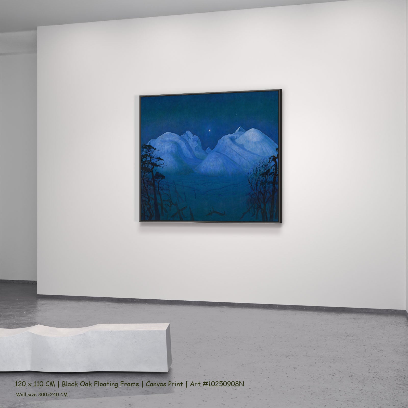 Winter Night in the Mountains by Harald Sohlberg in a black oak floating frame, large blue and light blue Landscape canvas
