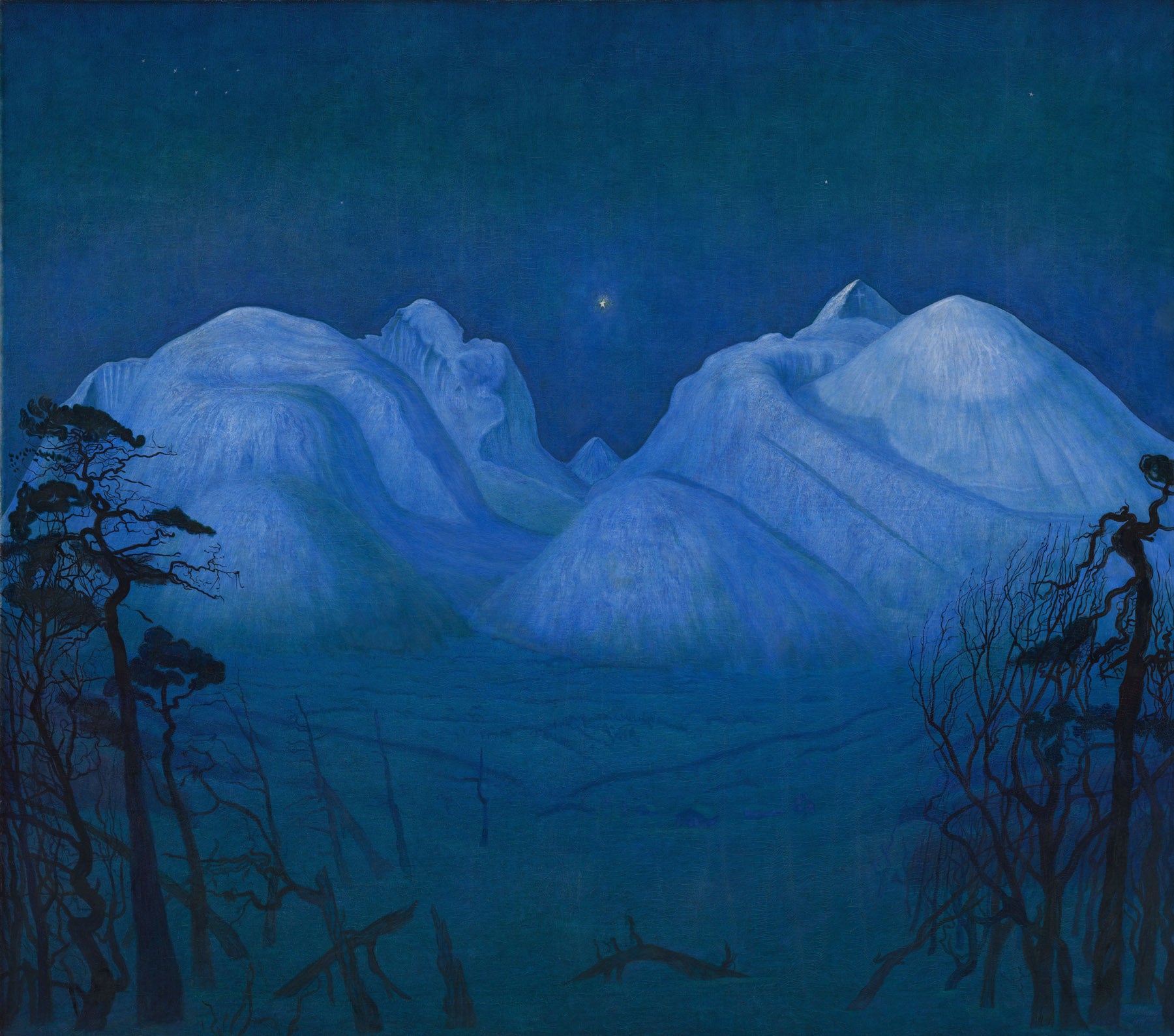 Large blue and light blue Landscape canvas print of Winter Night in the Mountains by Harald Sohlberg