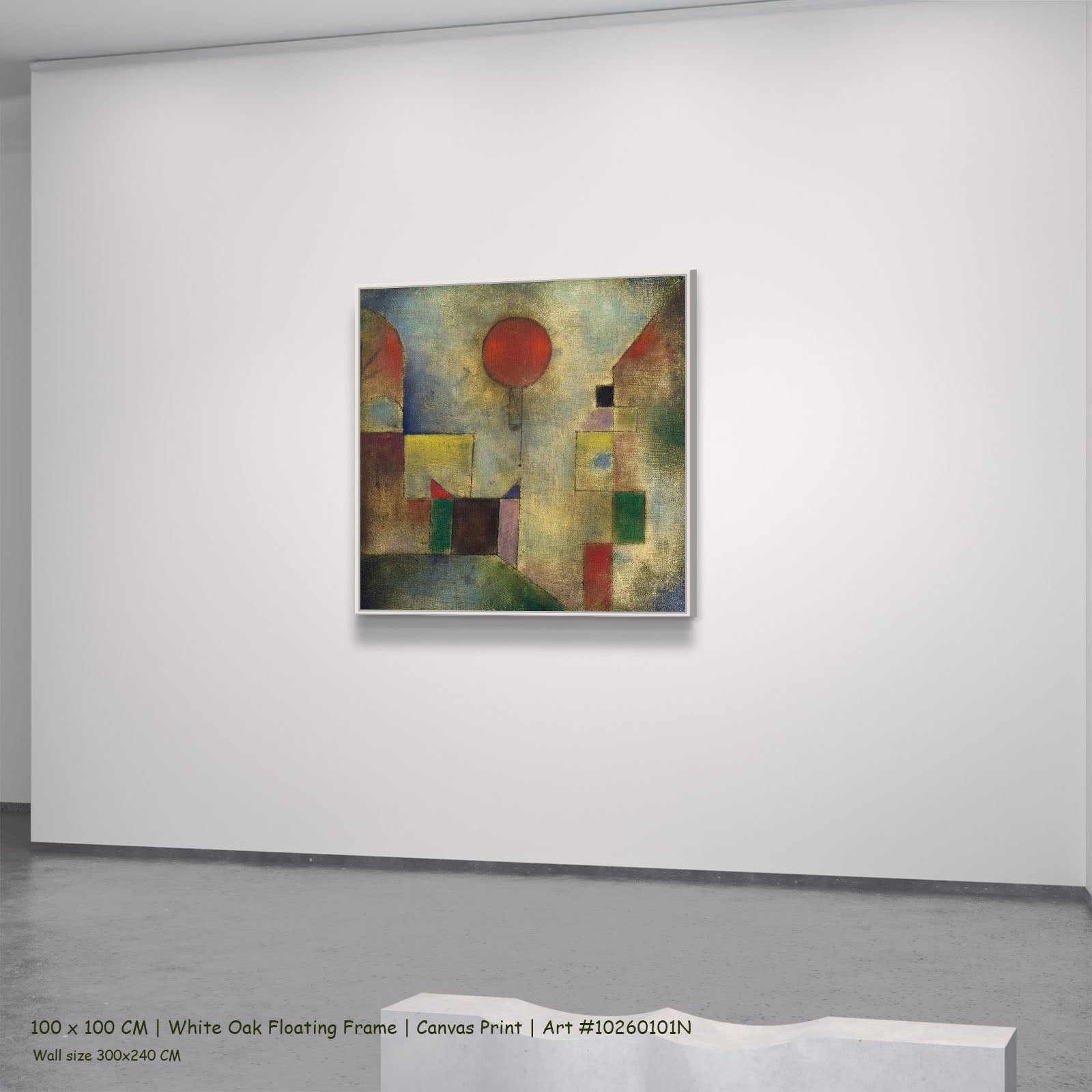 Red Balloon by Paul Klee in a white oak floating frame, large olive and grey Expressionist Abstract canvas