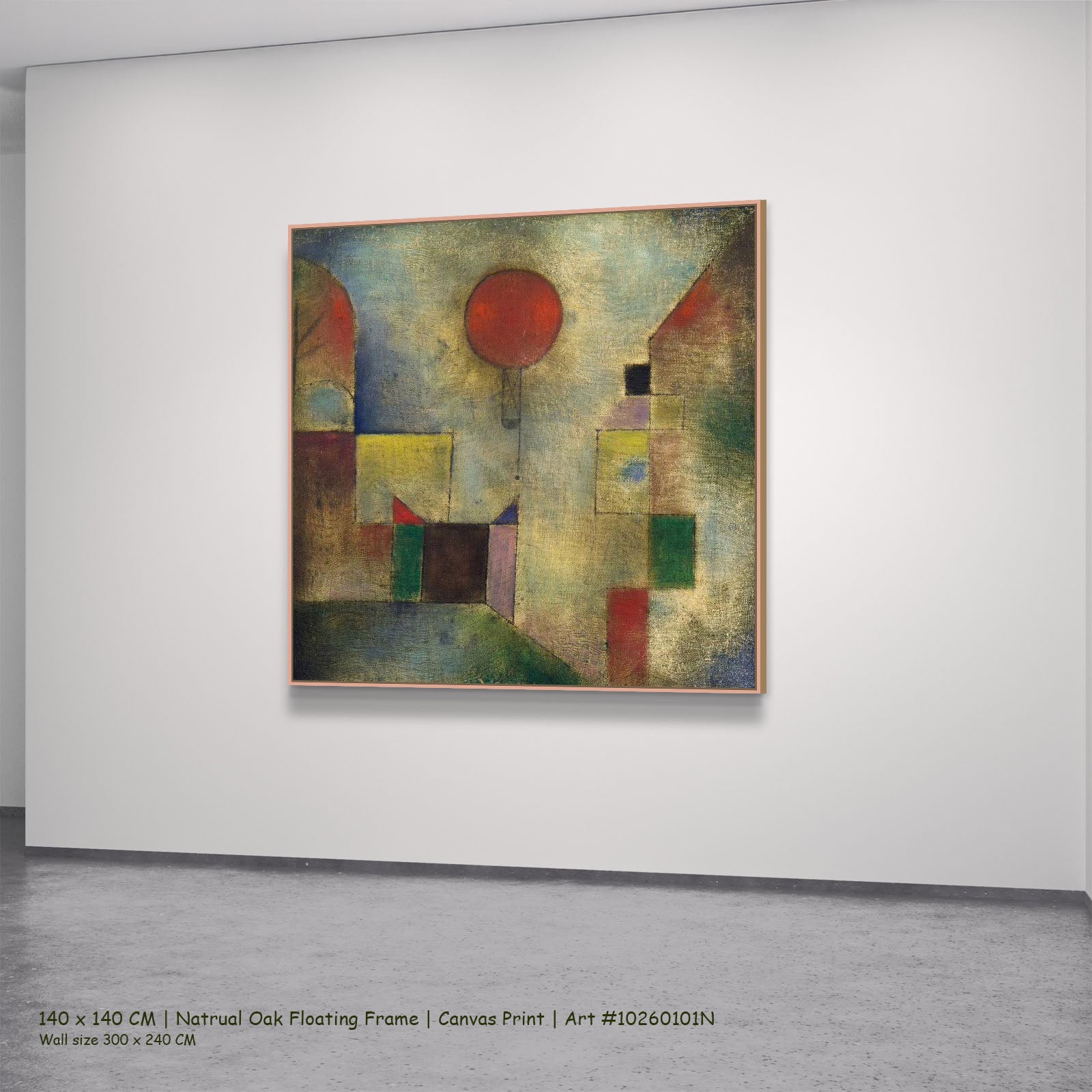 Red Balloon by Paul Klee in a natural oak floating frame, large olive and grey Expressionist Abstract canvas