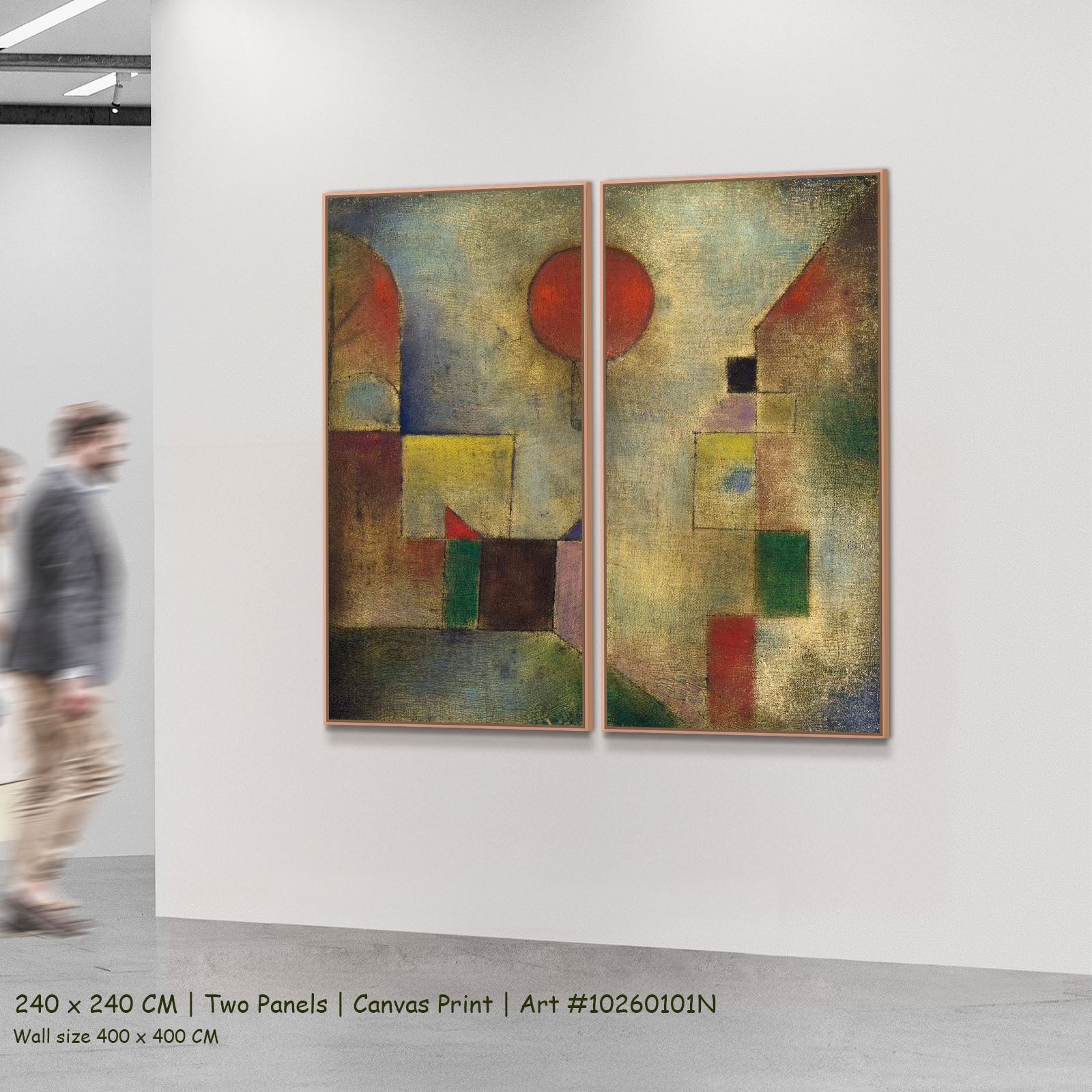 Red Balloon by Paul Klee as a large two-panel olive and grey Expressionist Abstract canvas set