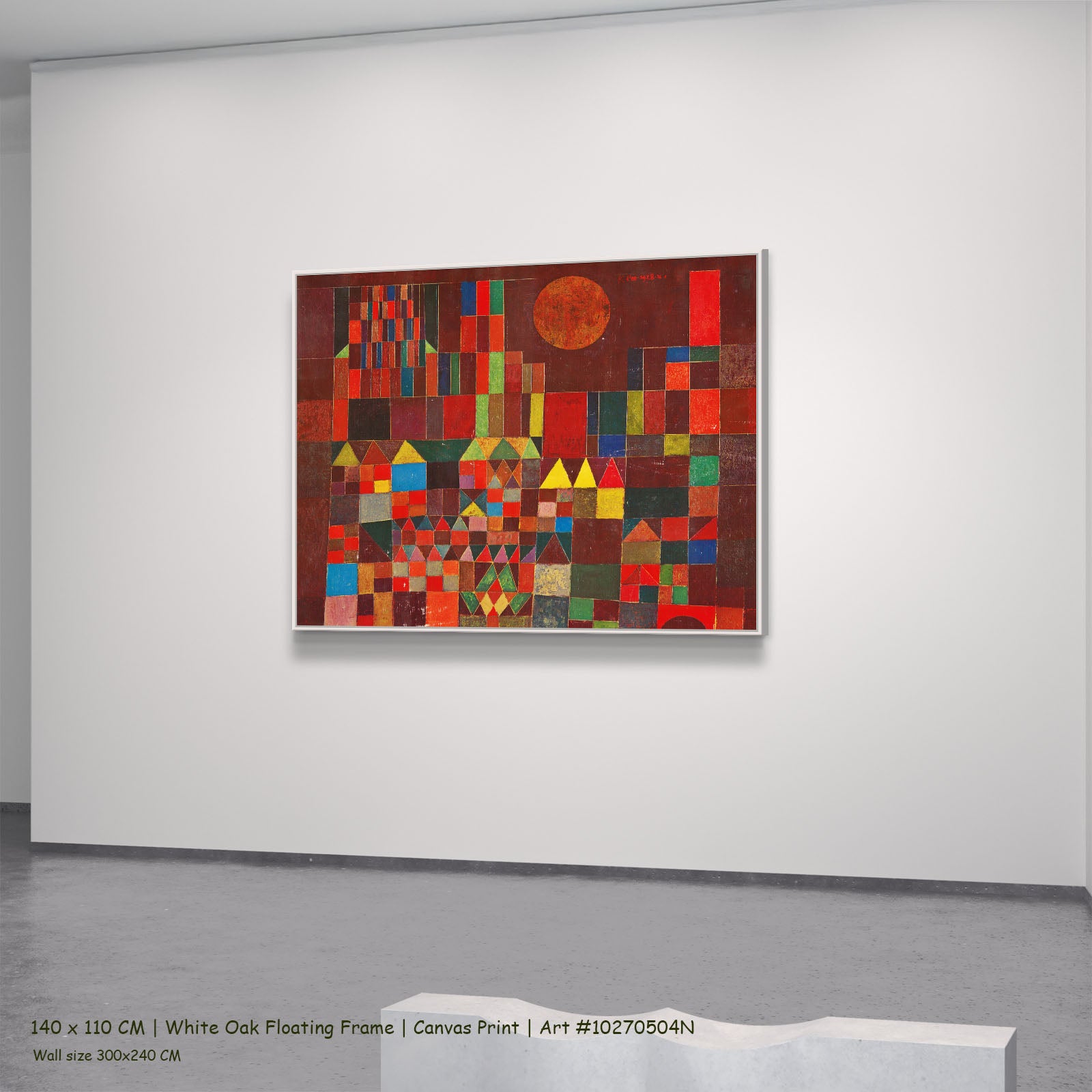 Castle and Sun by Paul Klee in a white oak floating frame, large red and brown Geometric Abstract canvas