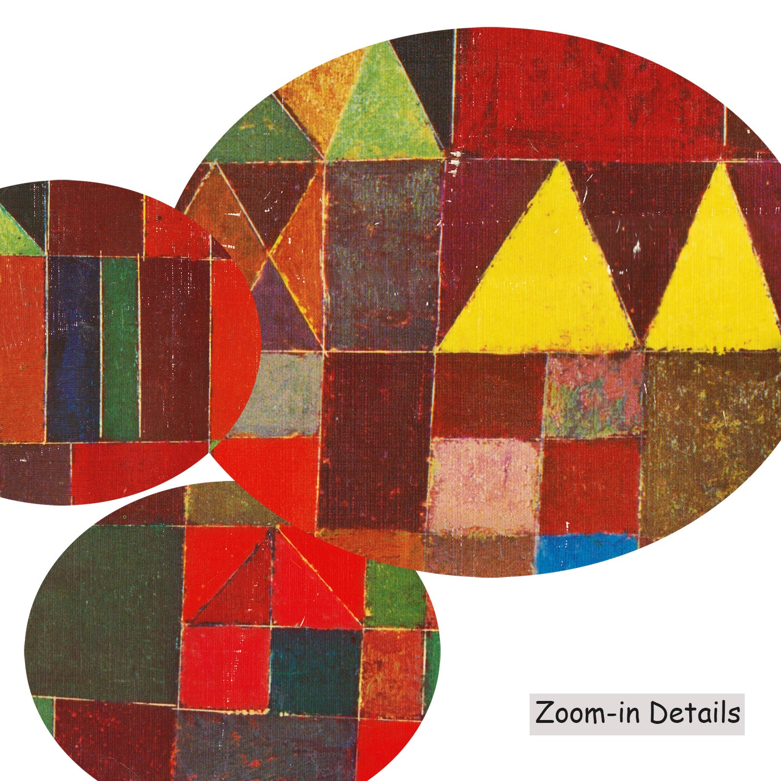 Close-up detail of the brushwork on Castle and Sun, a large red and brown Geometric Abstract canvas by Paul Klee