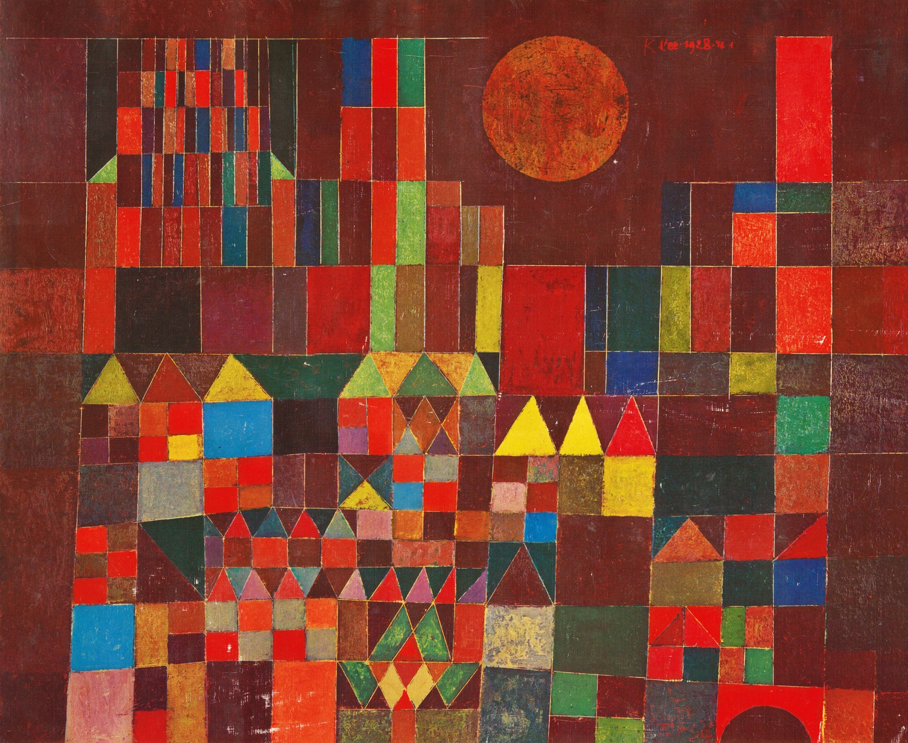 Large red and brown Geometric Abstract canvas print of Castle and Sun by Paul Klee