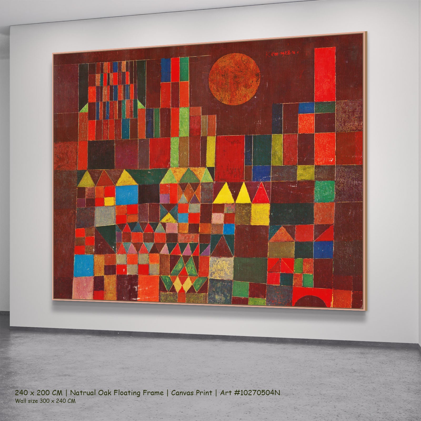 Castle and Sun by Paul Klee in a natural oak floating frame, large red and brown Geometric Abstract canvas