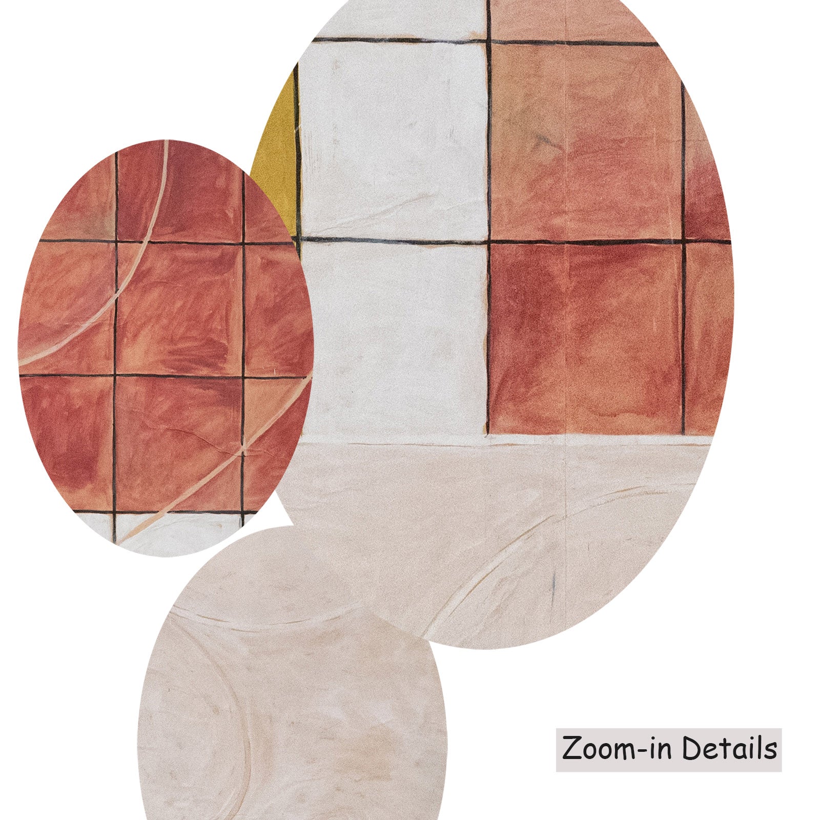 Close-up detail of the brushwork on The Ten Largest, No. 10, Old, a large red and gold Geometric Abstract canvas by Hilma af 