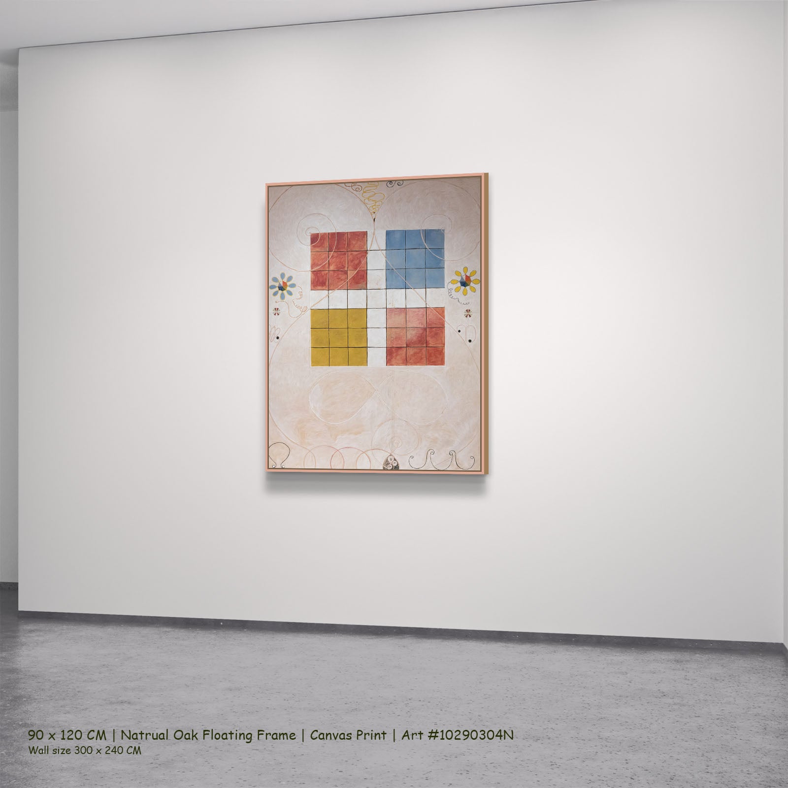 The Ten Largest, No. 10, Old by Hilma af Klint in a natural oak floating frame, large red and gold Geometric Abstract canvas