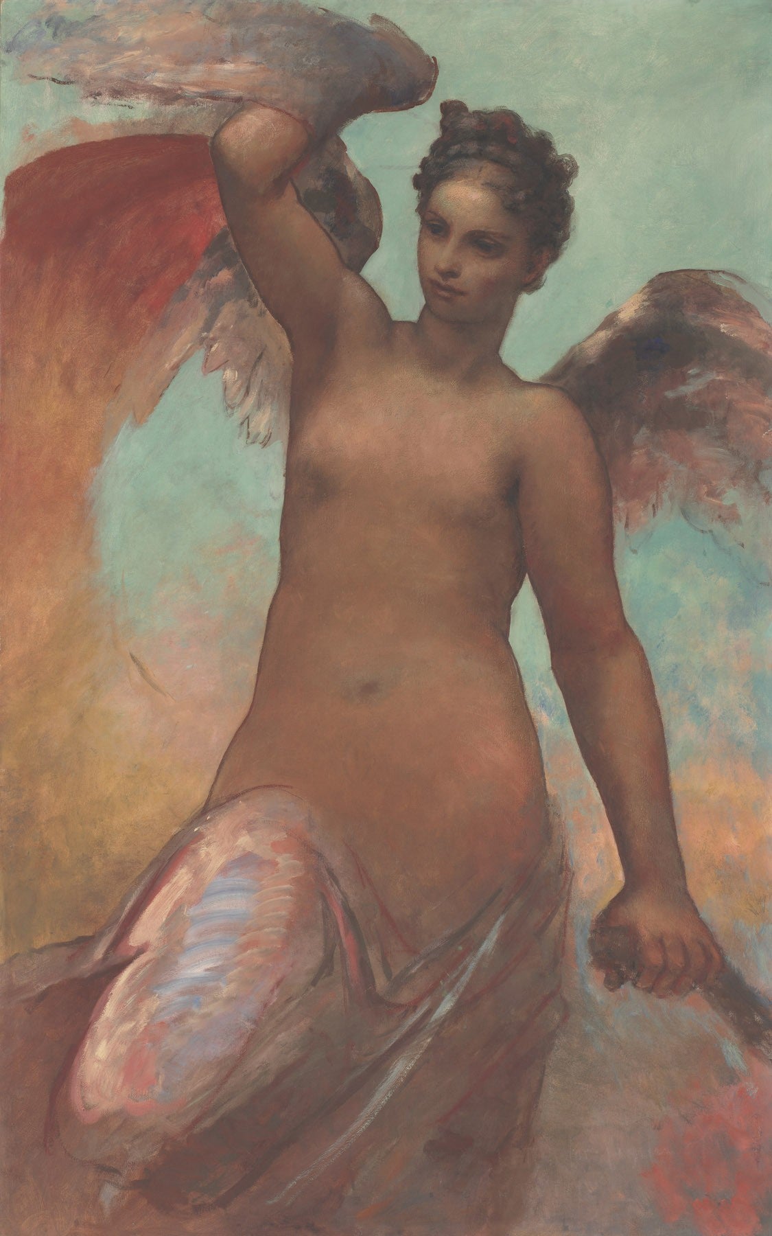 Large brown and aqua Symbolist canvas print of Winged Fortune by William Morris