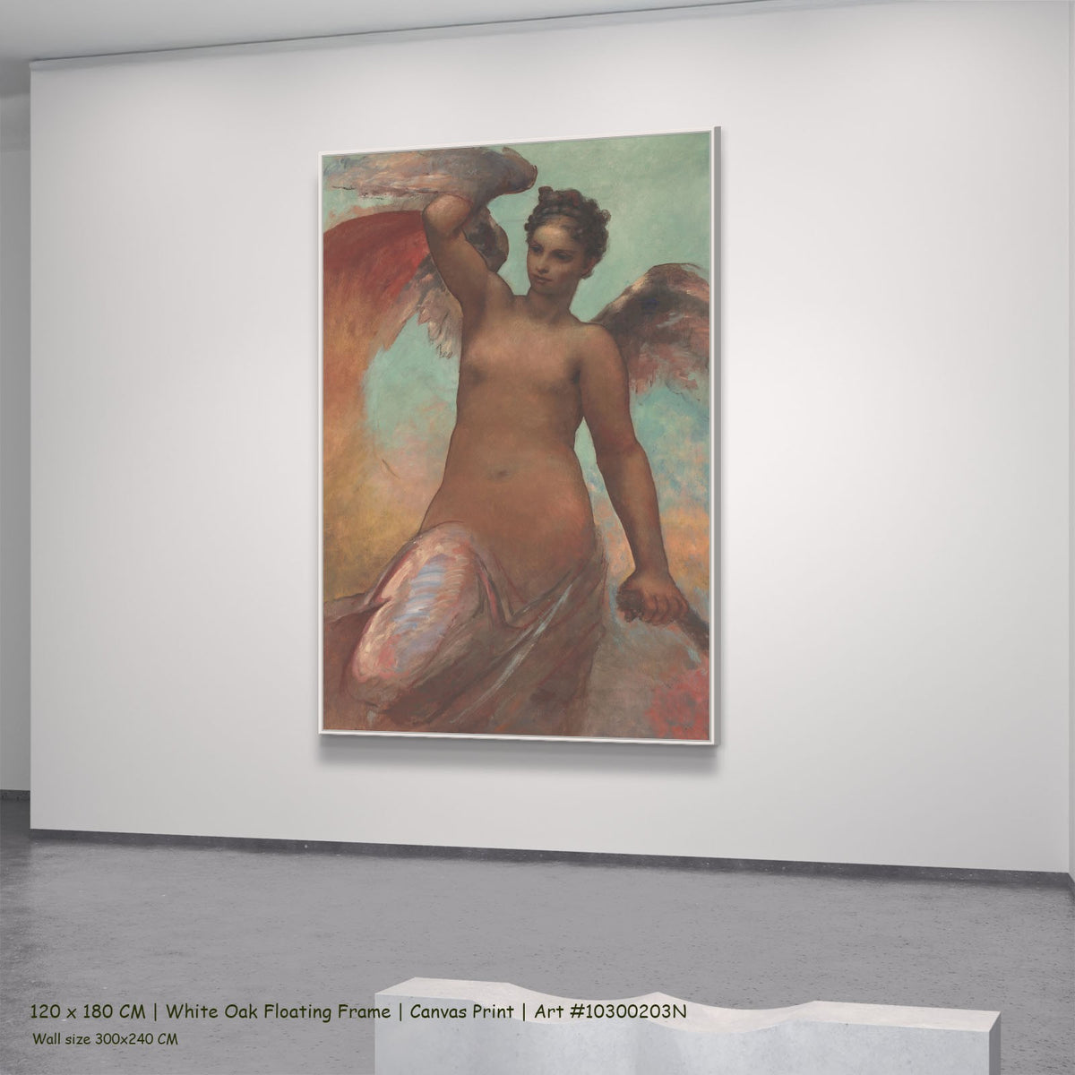 Winged Fortune by William Morris in a white oak floating frame, large brown and aqua Symbolist canvas
