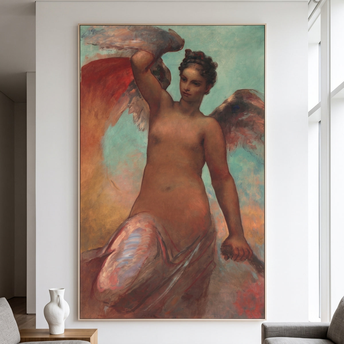 Winged Fortune by William Morris — large brown and aqua Symbolist canvas art on a hallway wall