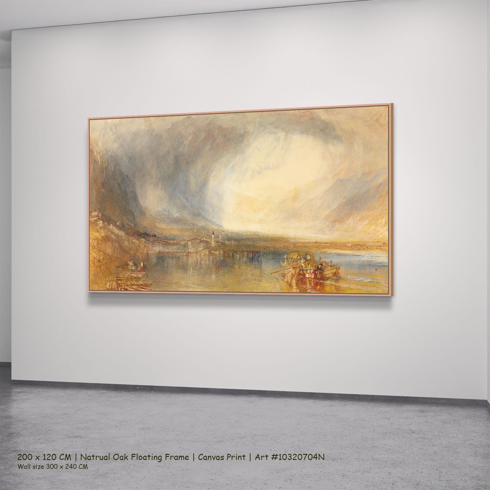 Flüelen, from the Lake of Lucerne by J.M.W. Turner in a natural oak floating frame, large gold and grey Landscape canvas