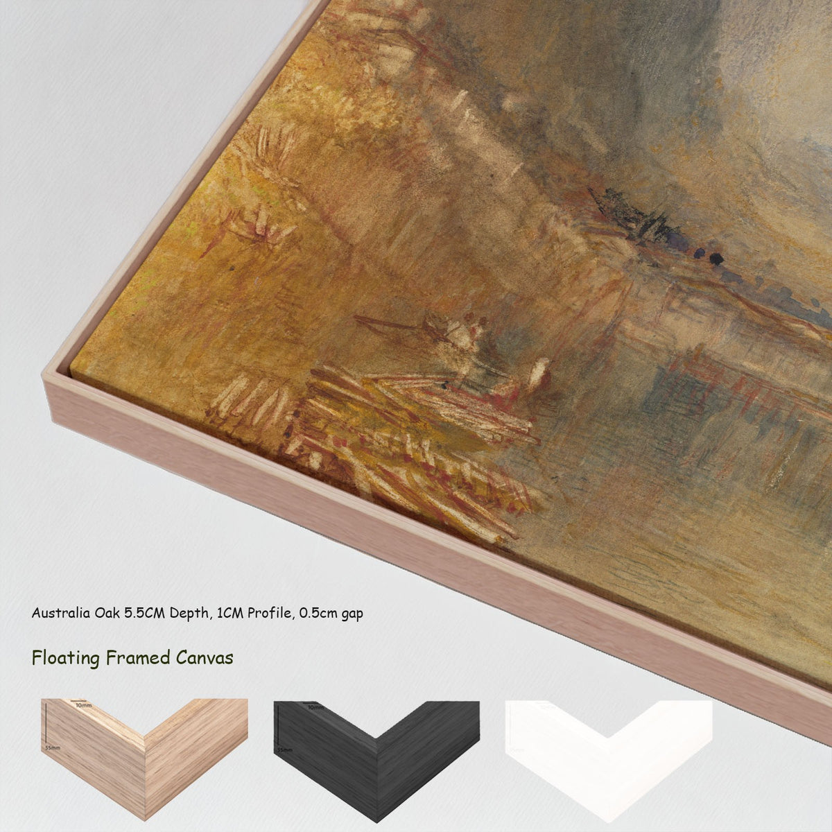Flüelen, from the Lake of Lucerne by J.M.W. Turner in a floating frame, large gold and grey Landscape canvas print