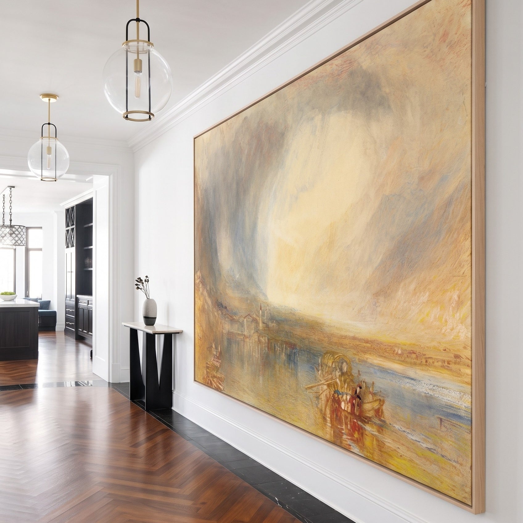 Flüelen, from the Lake of Lucerne by J.M.W. Turner — large gold and grey Landscape canvas art on a hallway wall
