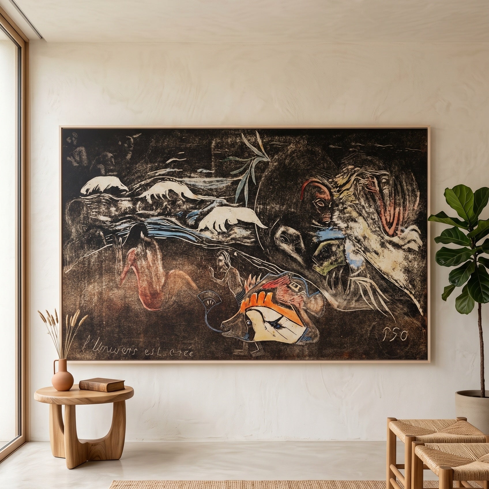 L’univers est créé, from the Noa by Paul Gauguin — large brown and black Symbolist canvas art on a living room wall