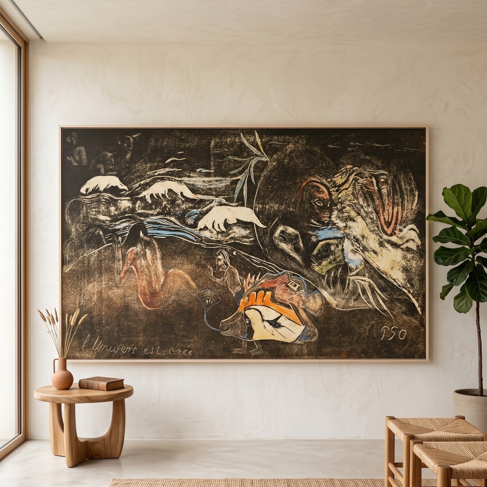 L’univers est créé, from the Noa by Paul Gauguin — large brown and black Symbolist canvas art on a living room wall