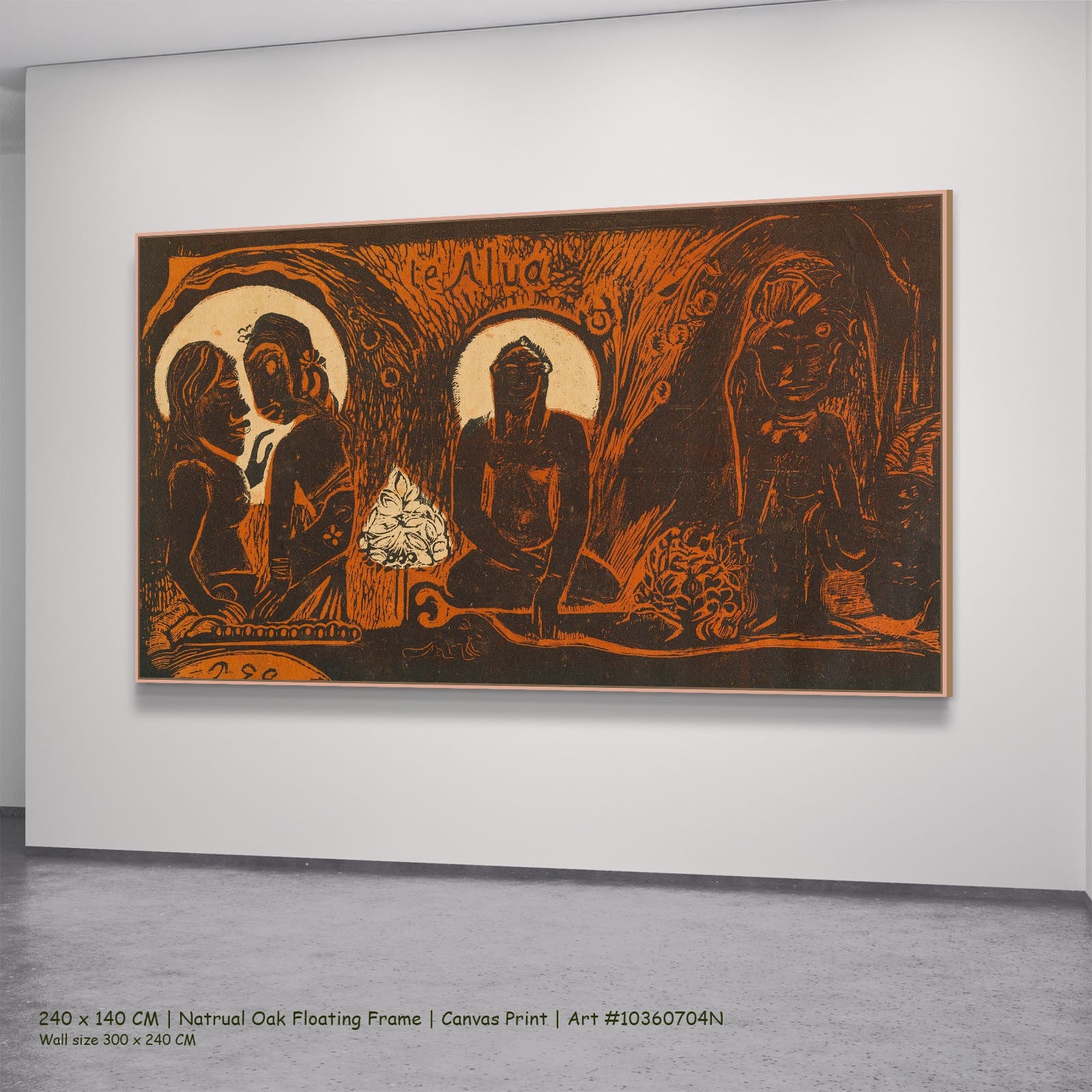 Te atua, from the Noa Noa by Paul Gauguin in a natural oak floating frame, large brown and orange Symbolist canvas