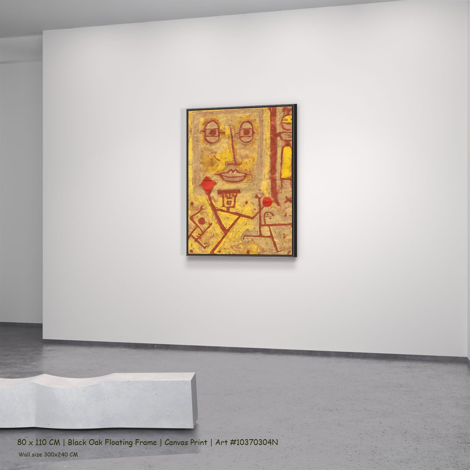 God of War by Paul Klee in a black oak floating frame, large yellow and red Abstract canvas