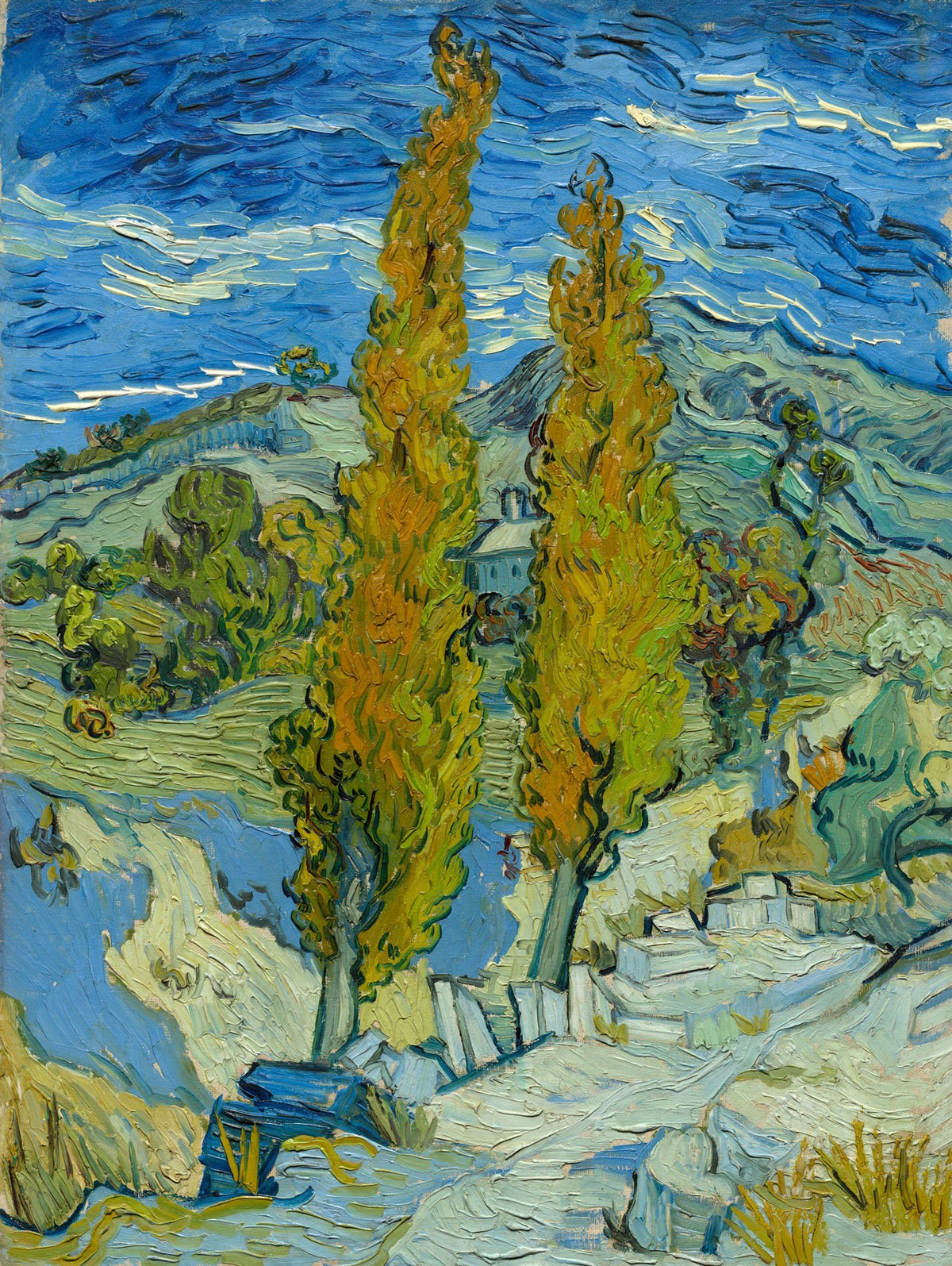 Large blue and yellow Impressionist canvas print of Two Poplars in the Alpilles near by Vincent van Gogh