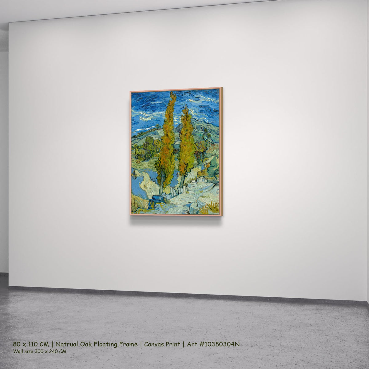 Two Poplars in the Alpilles near by Vincent van Gogh in a natural oak floating frame, large blue and yellow Impressionist can