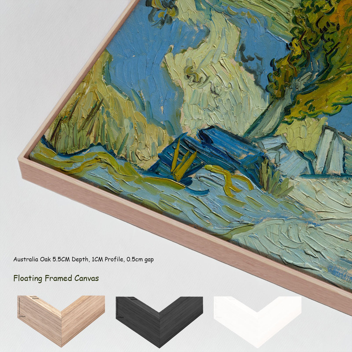 Two Poplars in the Alpilles near by Vincent van Gogh in a floating frame, large blue and yellow Impressionist canvas print