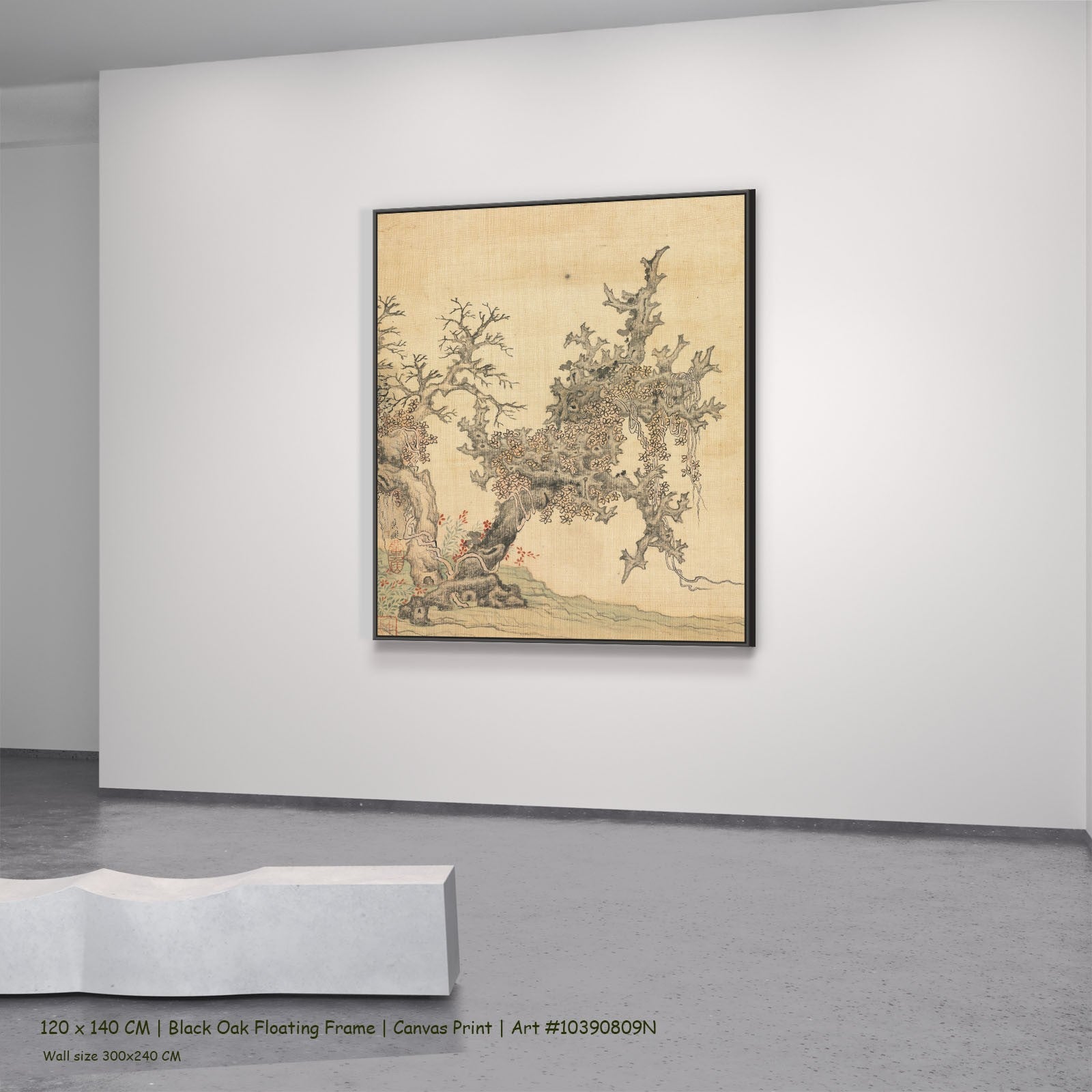 An Ancient Tree by Chen Hongshou in a black oak floating frame, large gold and grey Landscape canvas