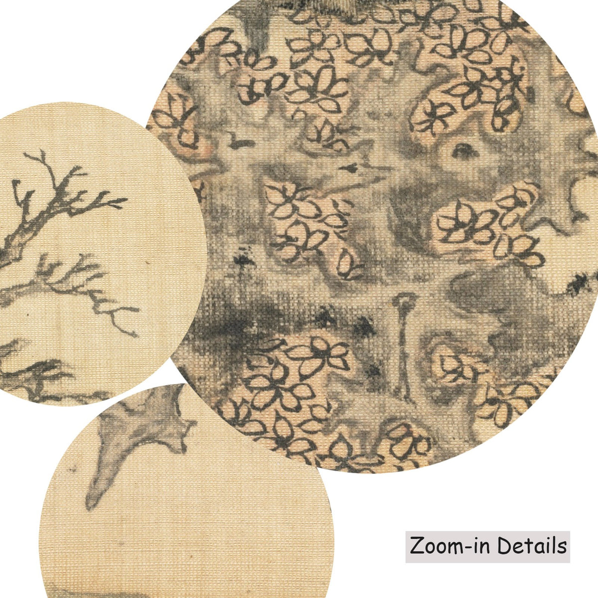 Close-up detail of the brushwork on An Ancient Tree, a large gold and grey Landscape canvas by Chen Hongshou