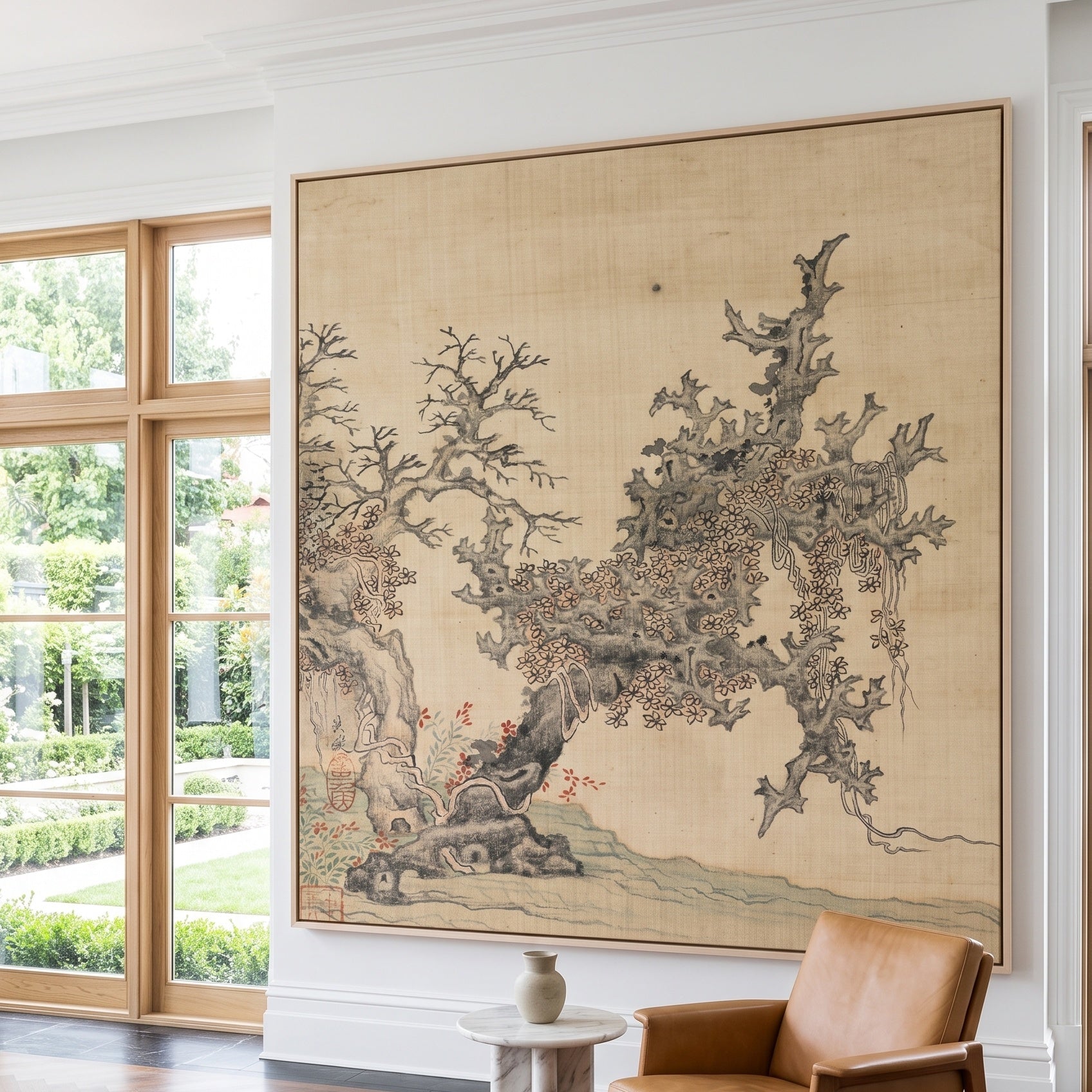 An Ancient Tree by Chen Hongshou — large gold and grey Landscape canvas art on a hallway wall