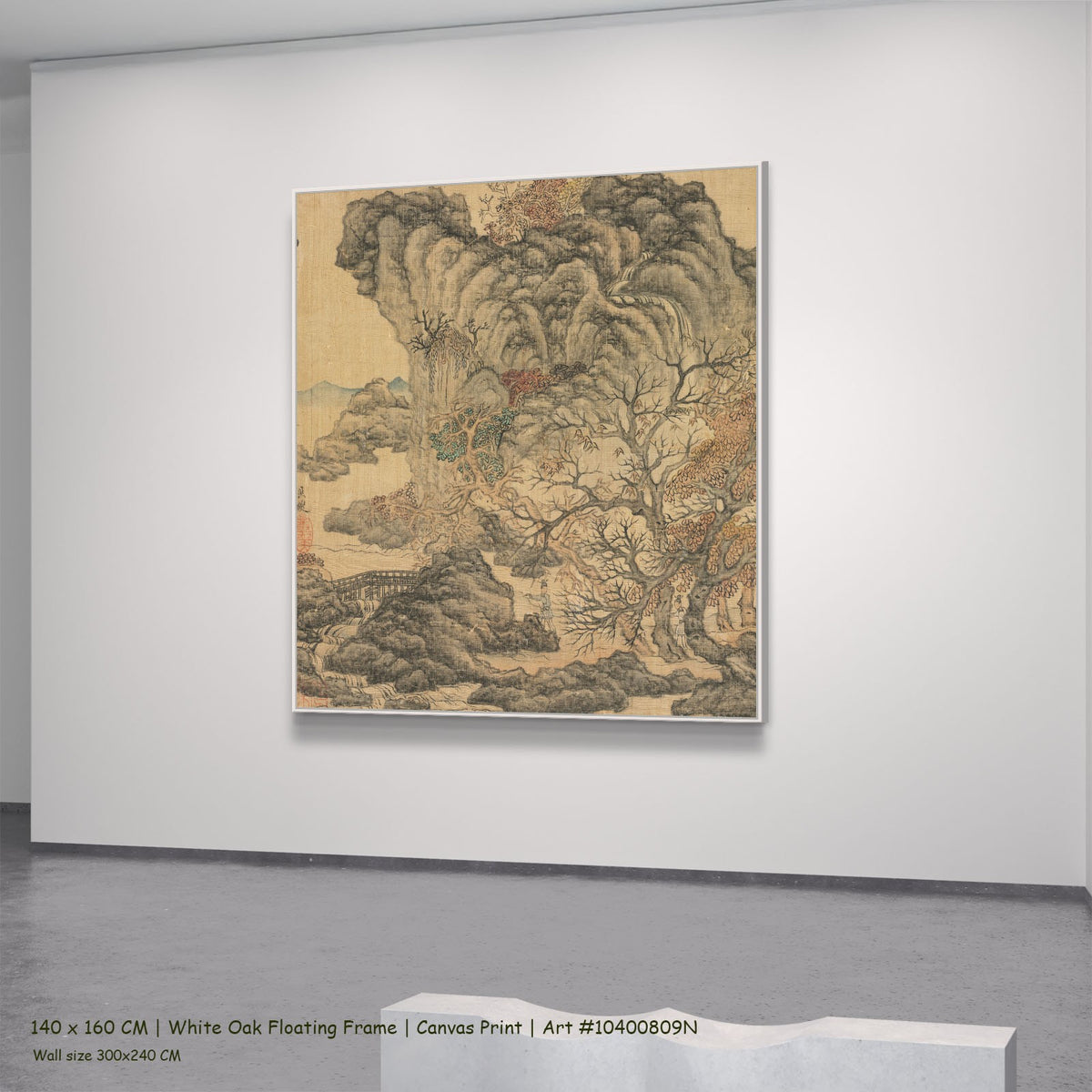 Travelers in an Autumn Landscape by Chen Hongshou in a white oak floating frame, large gold and grey Landscape canvas