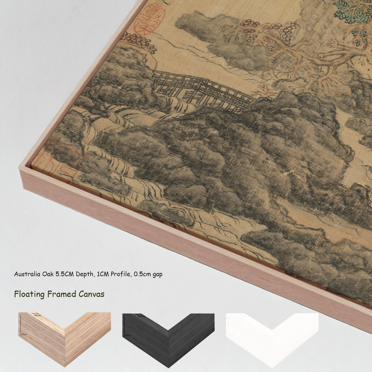 Travelers in an Autumn Landscape by Chen Hongshou in a floating frame, large gold and grey Landscape canvas print