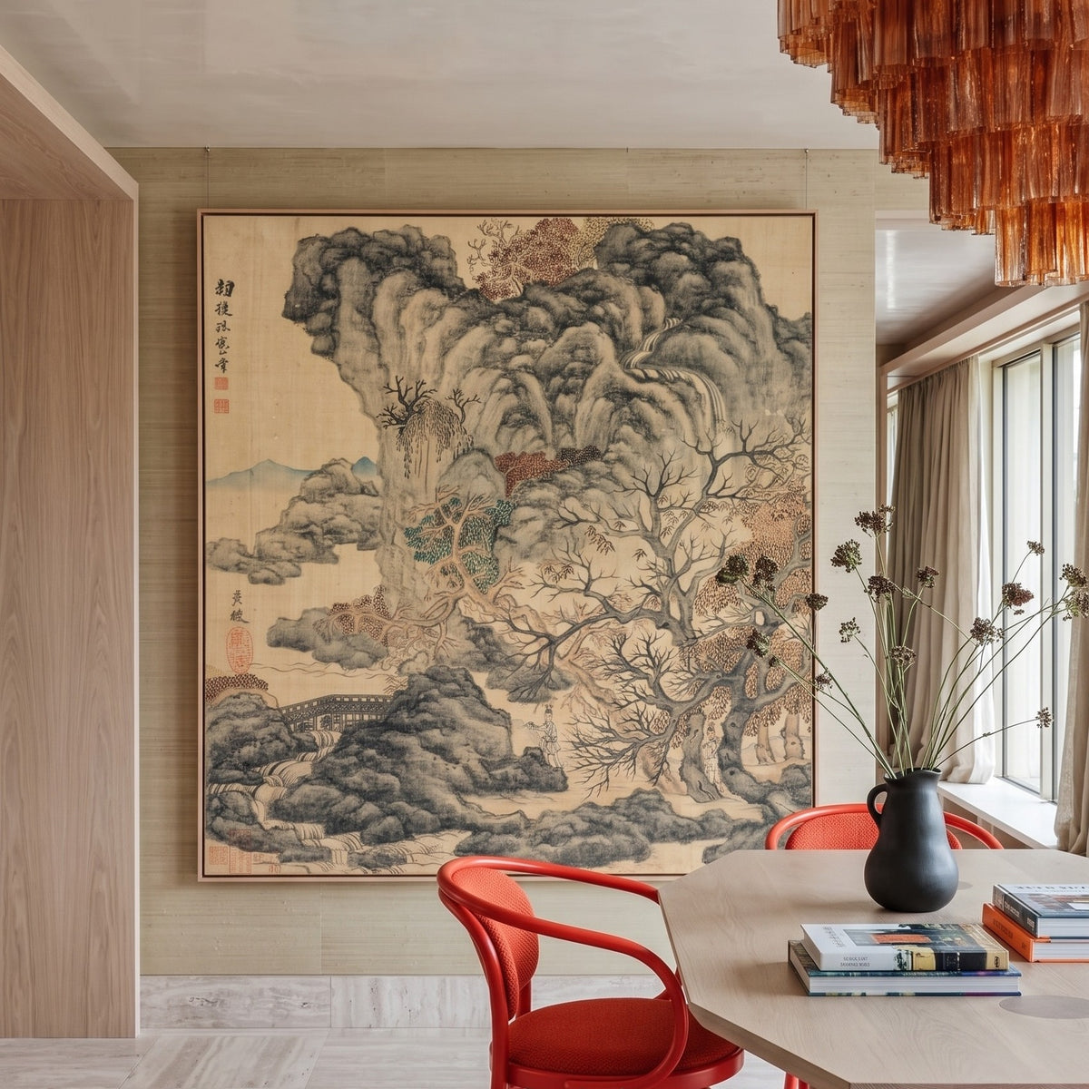 Chen Hongshou | Oversized Gold Orange Landscape Print | Travelers in Autumn