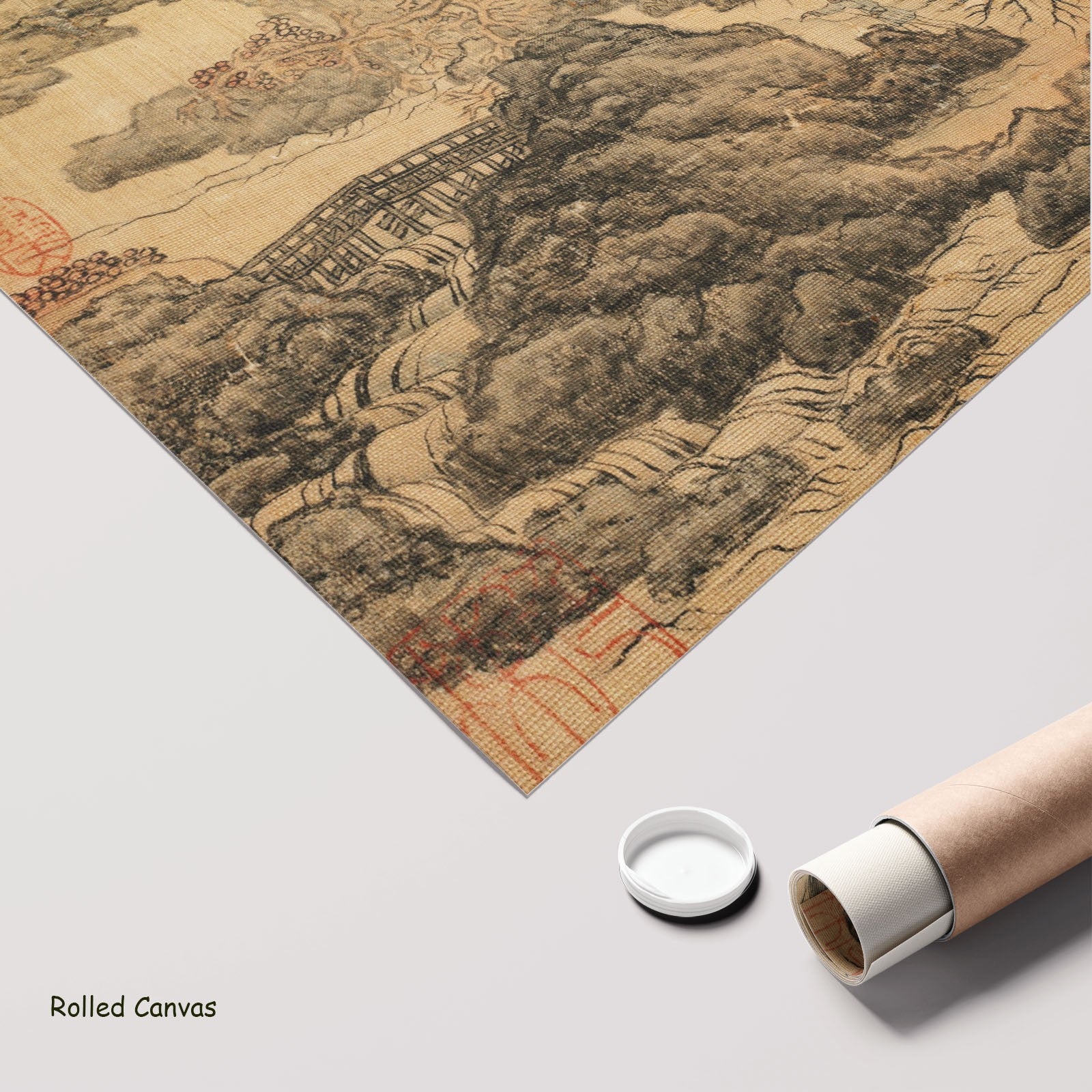Travelers in an Autumn Landscape by Chen Hongshou as a large rolled gold and grey Landscape canvas print