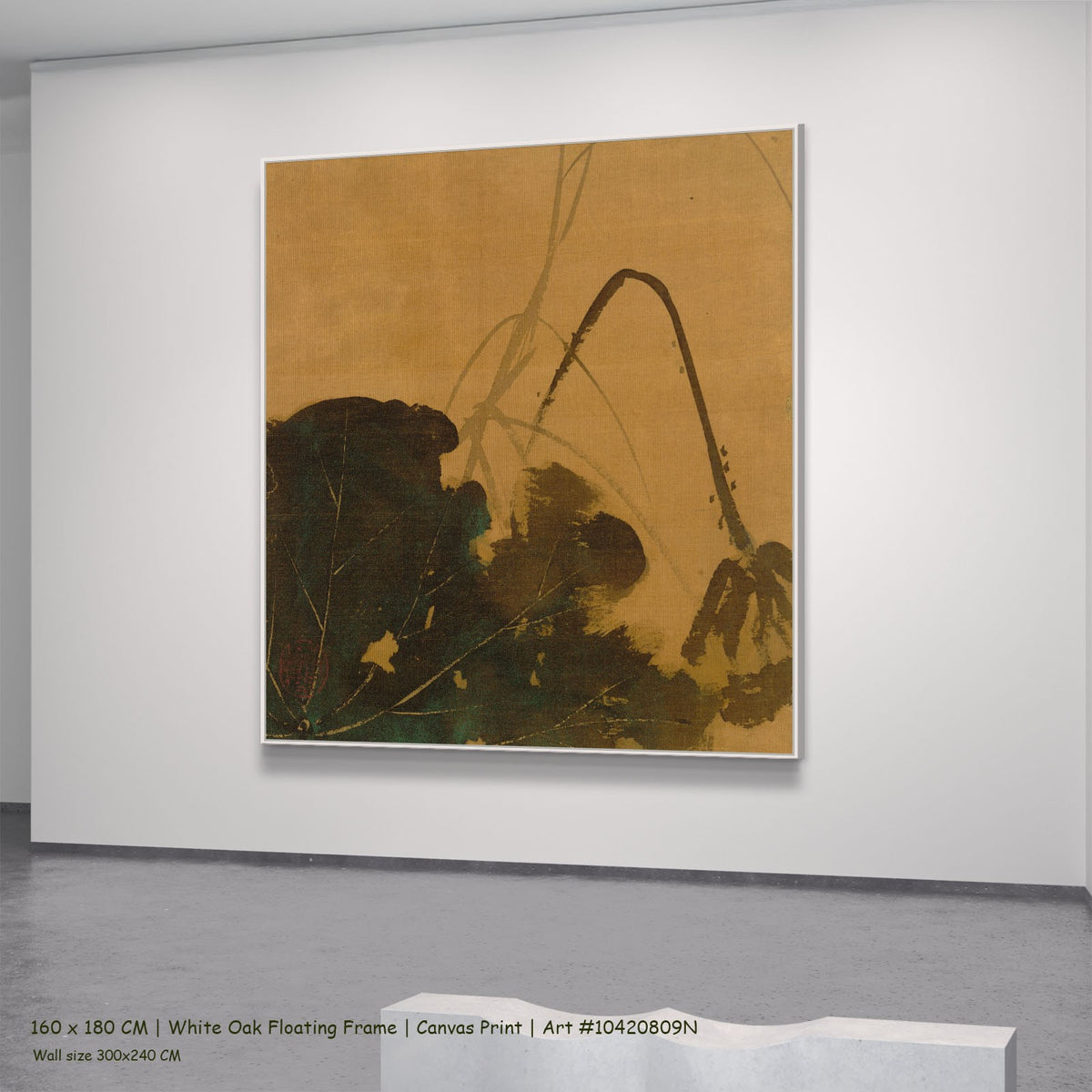 Lotus from Album of Paintings by by Shibata Zeshin in a white oak floating frame, large gold and green Botanical canvas