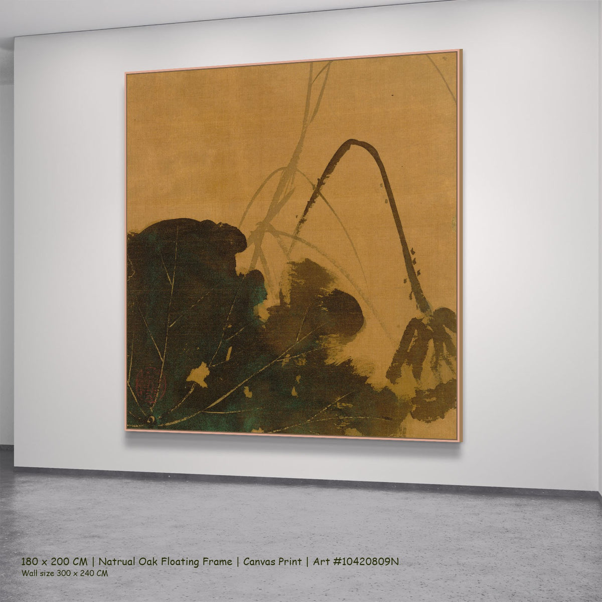 Lotus from Album of Paintings by by Shibata Zeshin in a natural oak floating frame, large gold and green Botanical canvas