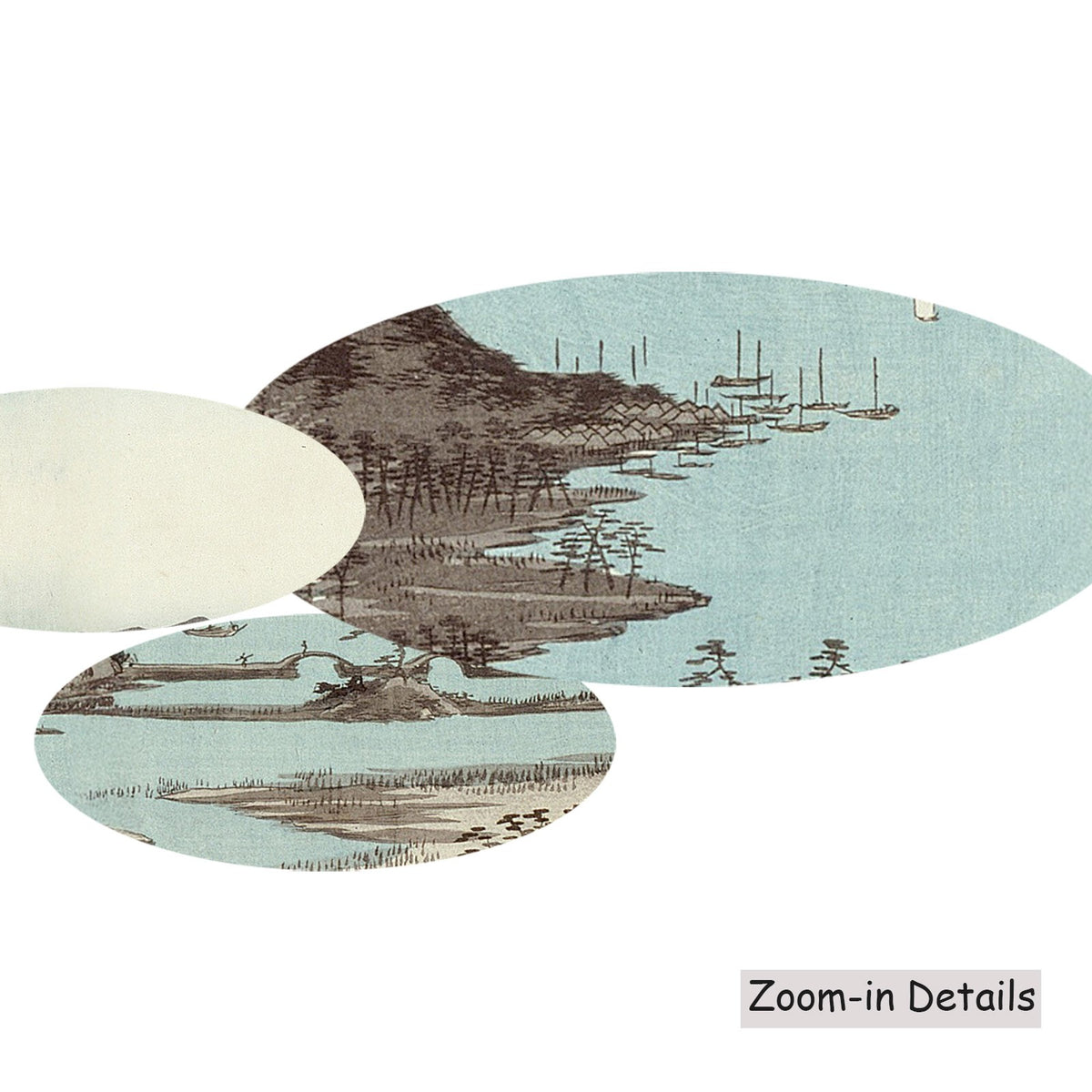 Close-up detail of the brushwork on Evening View of Eight Famous Sites, a large light blue and brown Landscape canvas by Utag