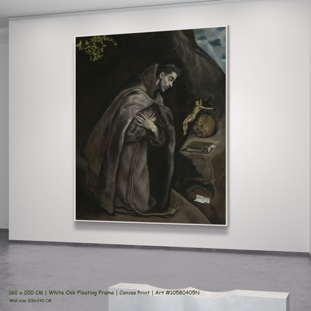 Saint Francis Kneeling in Meditation by El Greco in a white oak floating frame, large brown and grey Renaissance canvas