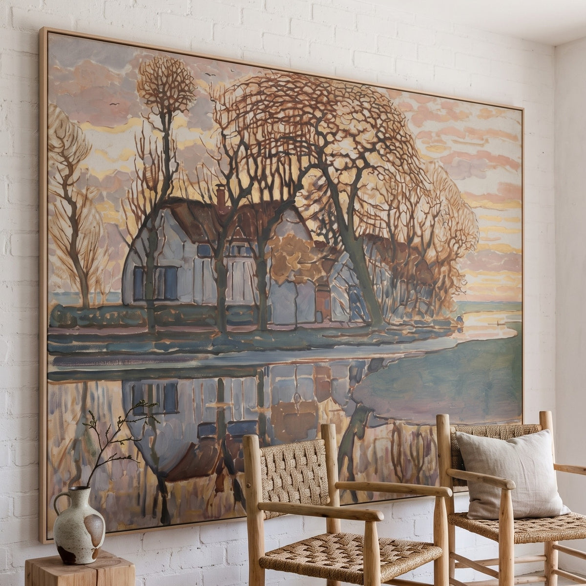 Farm near Duivendrecht by Piet Mondrian — large pink and brown Abstract canvas art on a living room wall