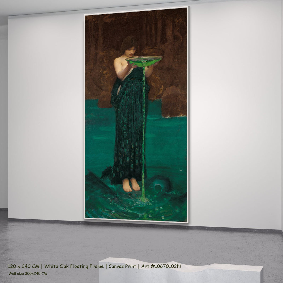 Circe Invidiosa by John William Waterhouse in a white oak floating frame, large aqua and green Pre-Raphaelite canvas