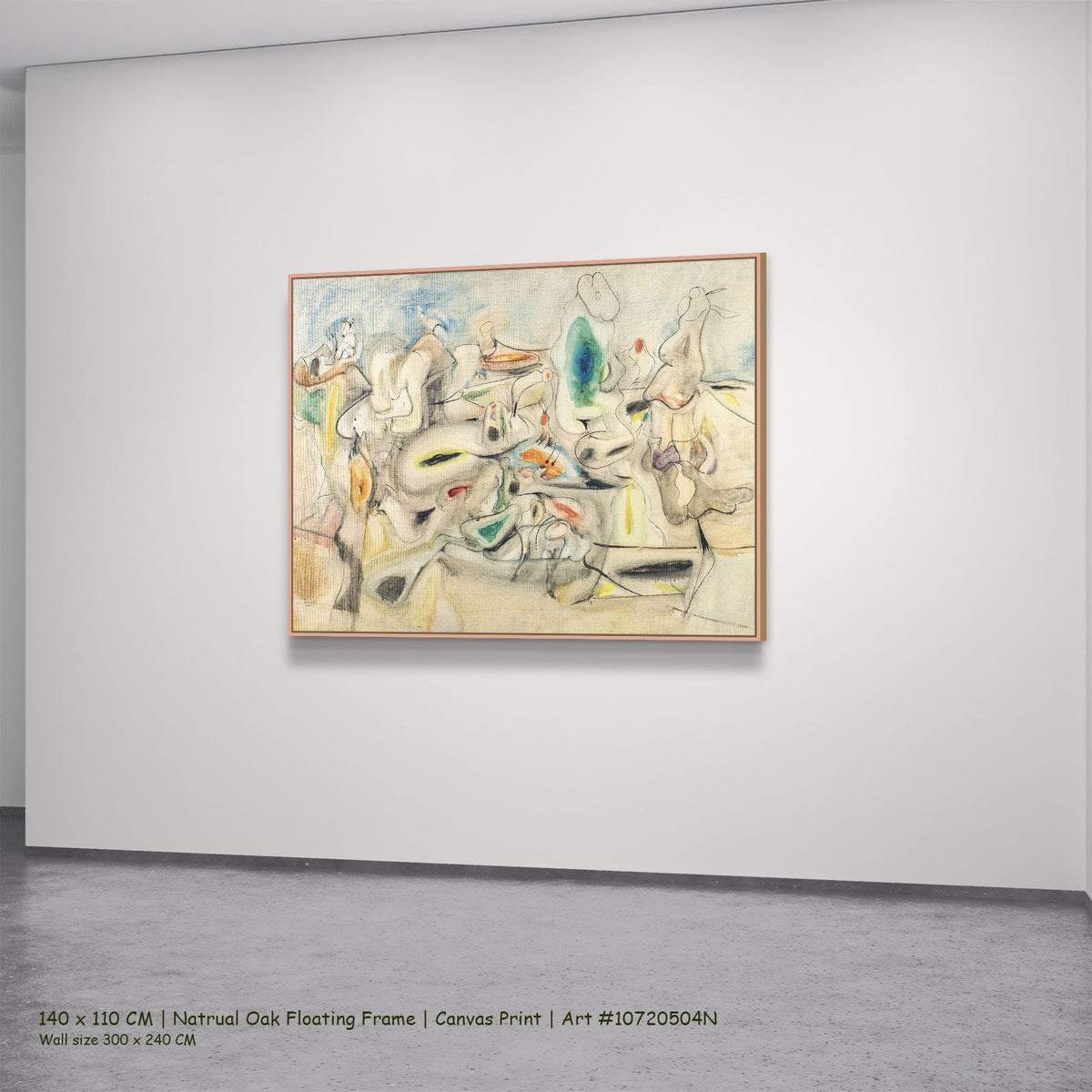 Good Afternoon, Mrs. Lincoln by Arshile Gorky in a natural oak floating frame, large yellow and green Abstract canvas
