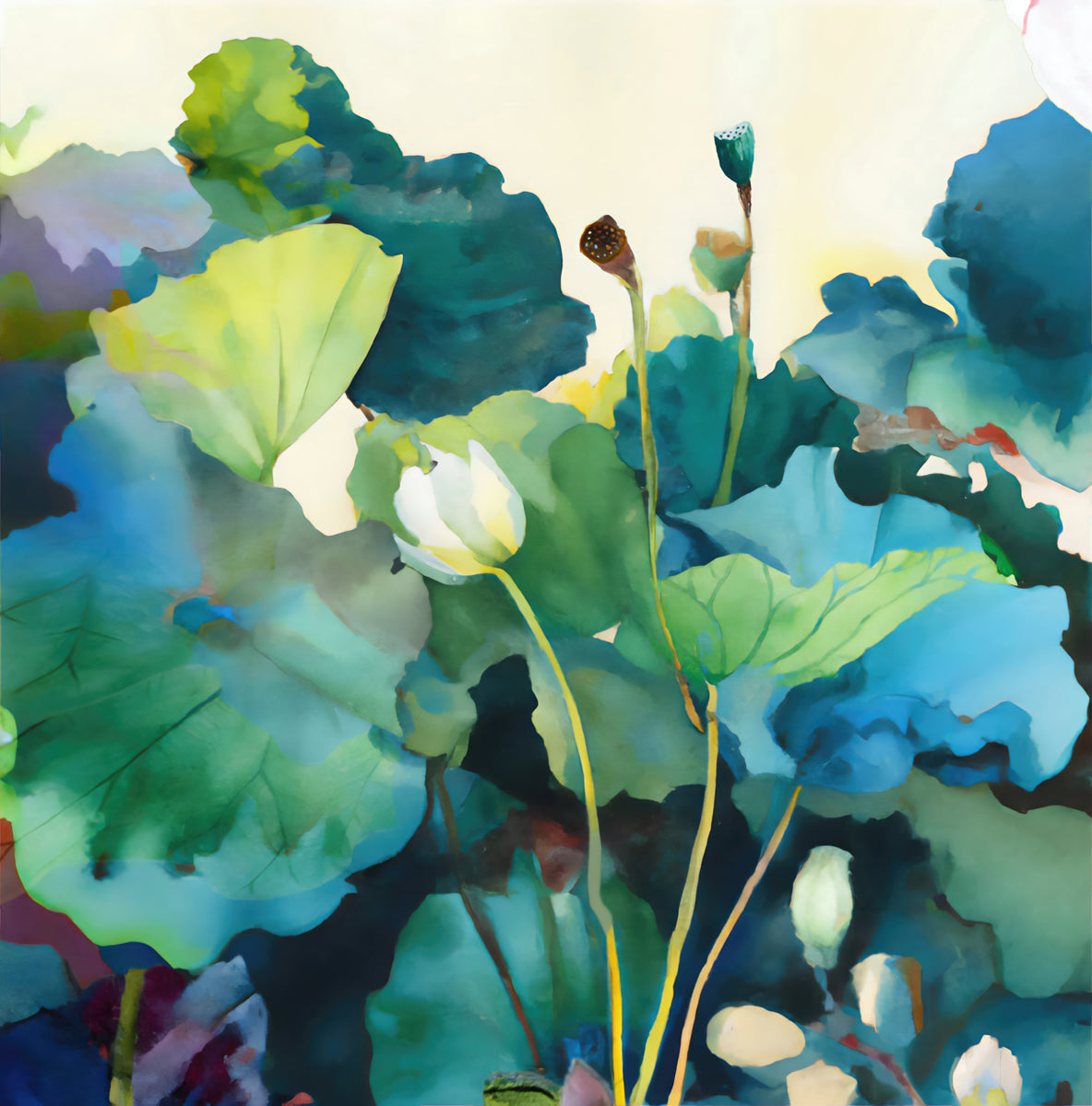 Modern watercolor Asian style painting | Lotus flower pond #2342