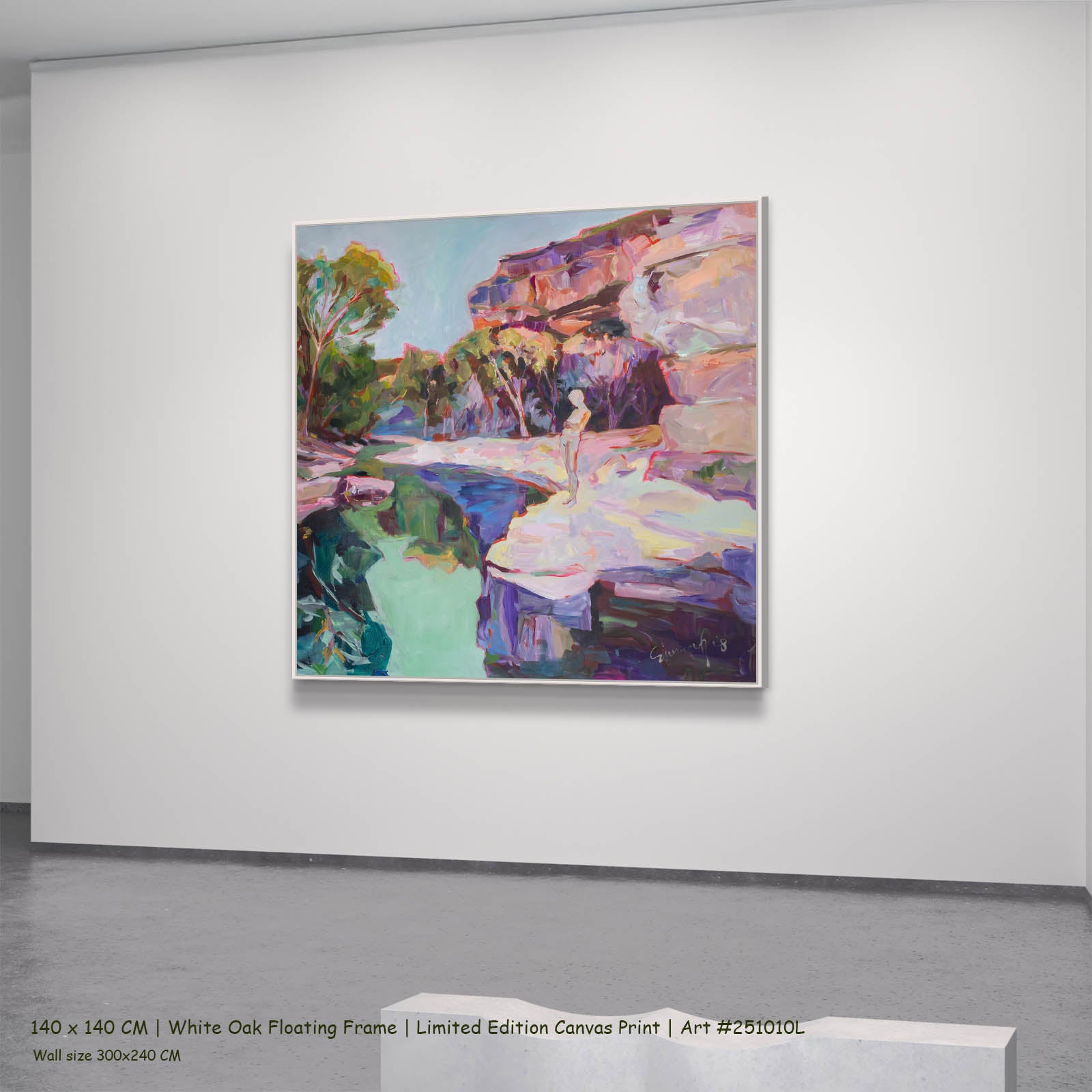 Contemplating Abstract canvas wall art in a white oak floating frame, 140 × 140 cm