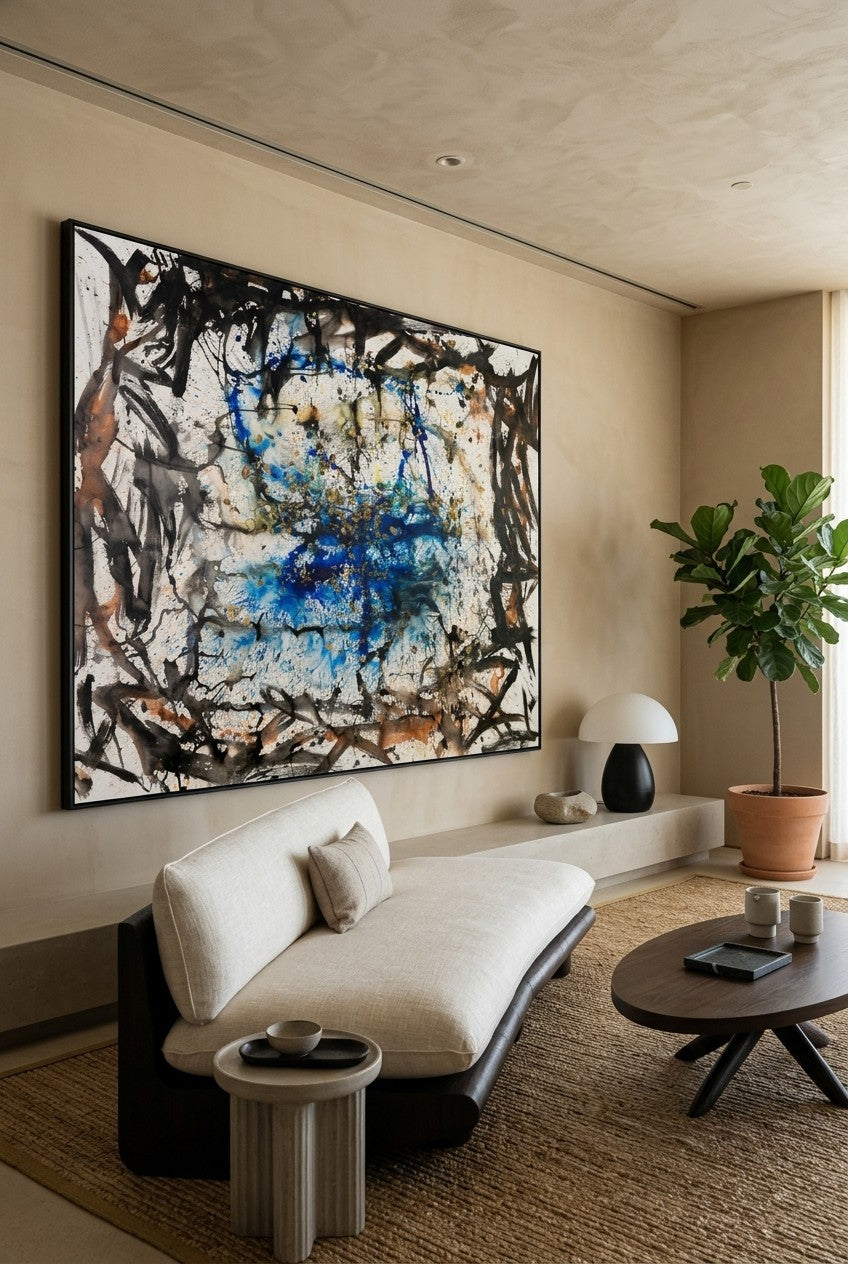 In Tragedy Life Is Beautiful by Summer Jiang — large blue and white Landscape canvas art displayed on a wall