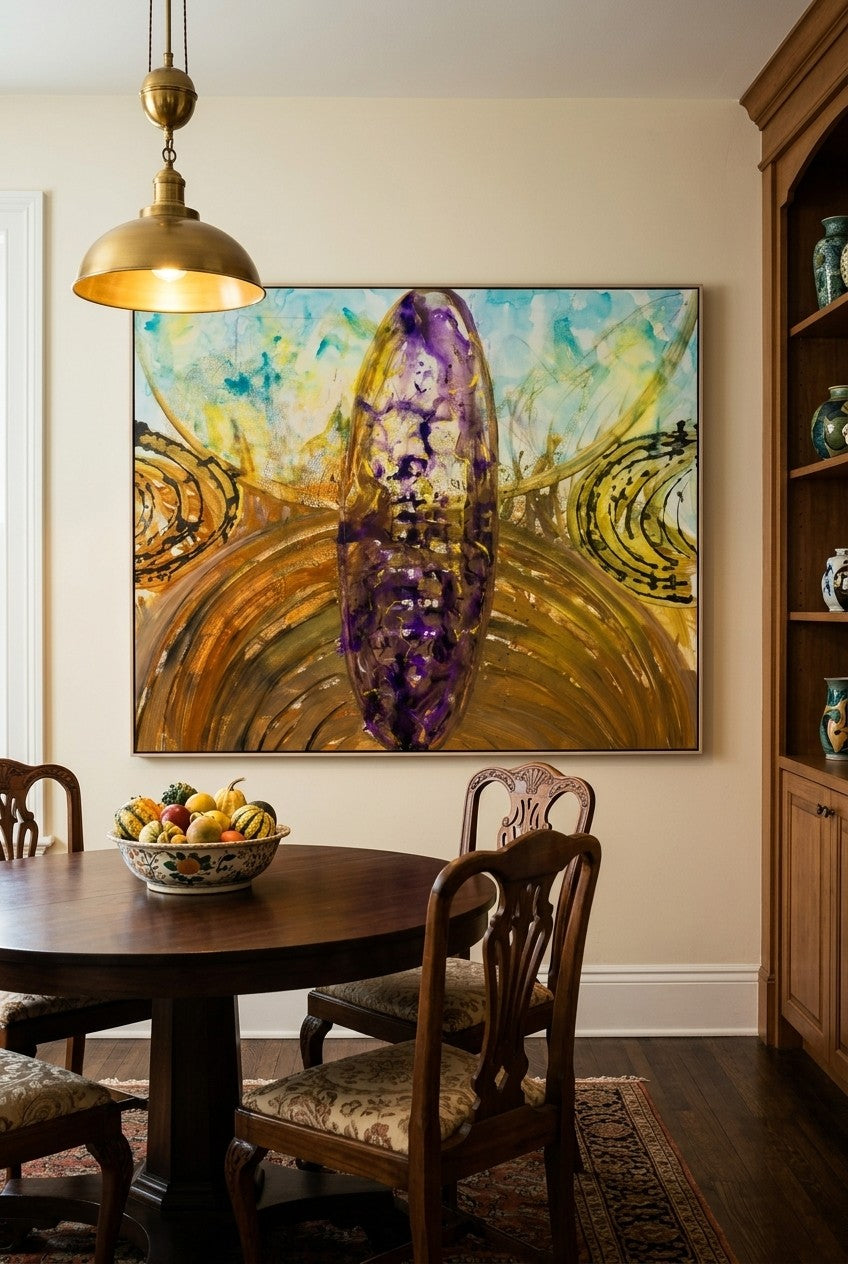 Remembrance by Summer Jiang — large gold and purple Landscape canvas art displayed on a wall