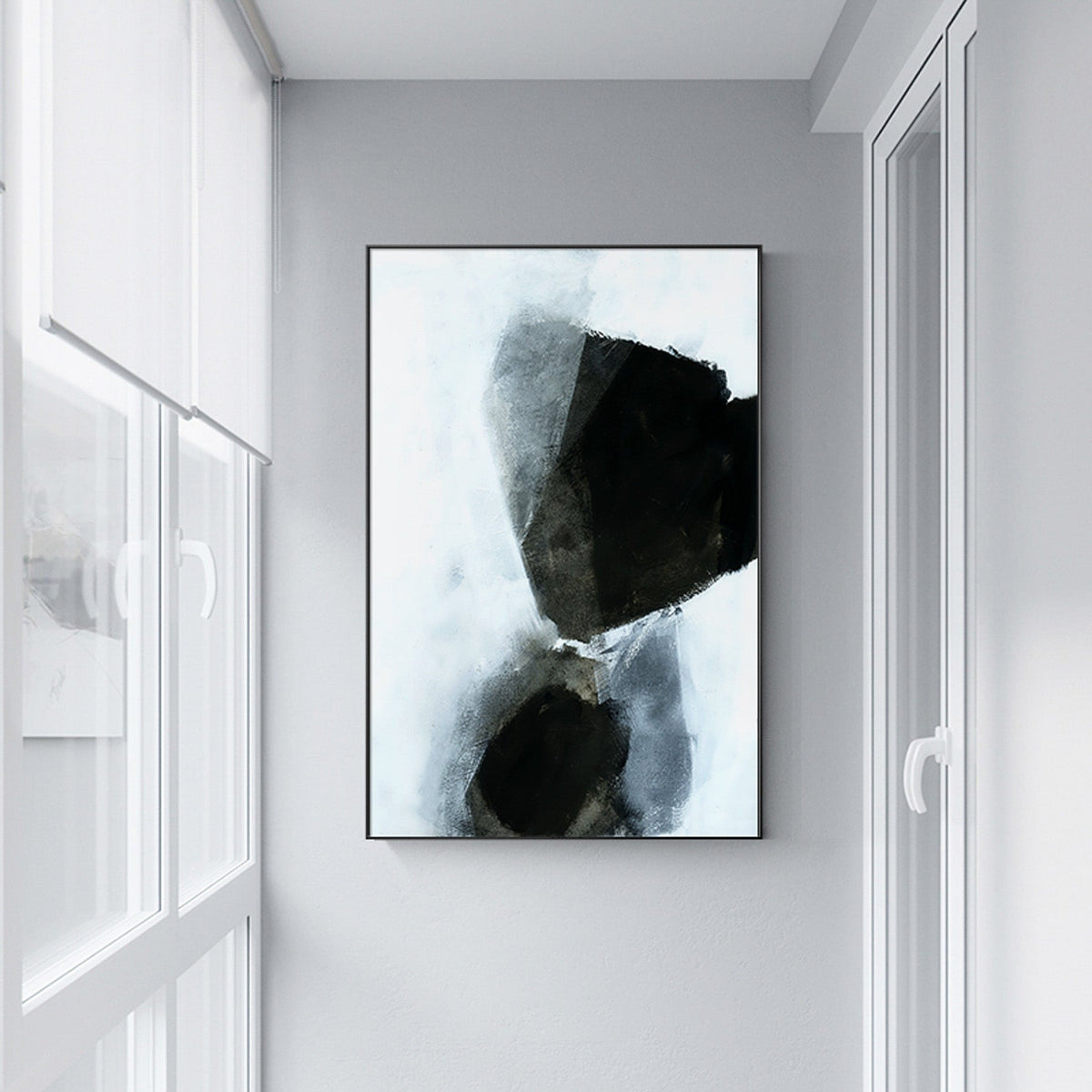 Tall Grey Black Abstract Canvas Wall Art | Monochrome Geometry III