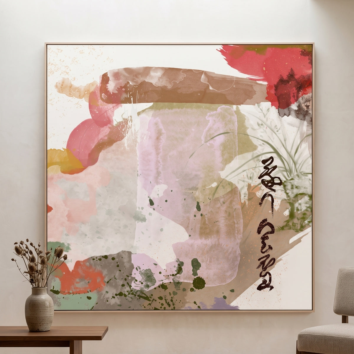 Large Square Pink Red Abstract Canvas Wall Art | Japanese Garden I