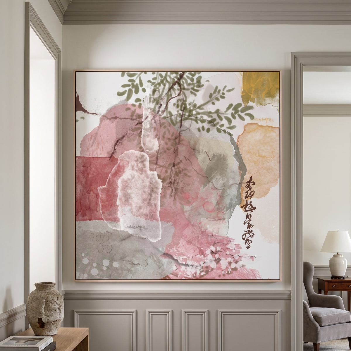 Large Square Pink Olive Abstract Canvas Wall Art | Japanese Garden II