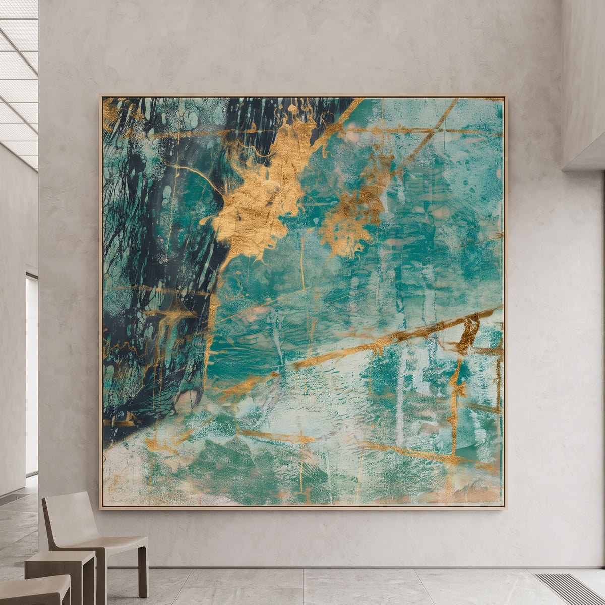 Large Square Aqua Gold Abstract Canvas Wall Art | I