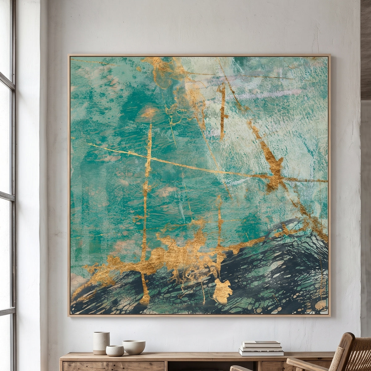 Large Square Aqua Gold Abstract Canvas Wall Art | II